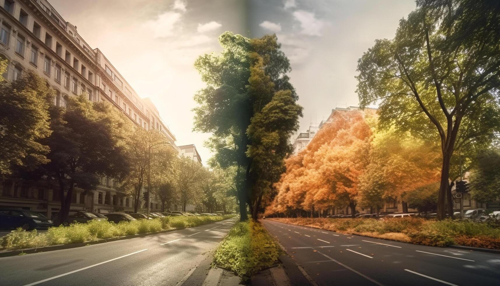 otoño hojas en ciudad calles, desvanecimiento amarillo belleza generado por ai foto