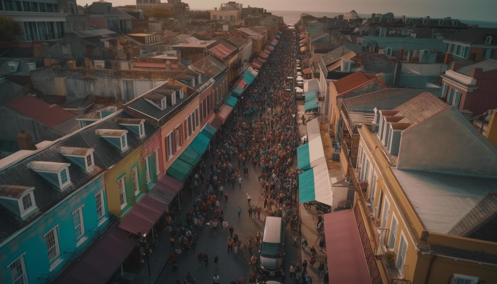 Crowded city street shows busy city life generated by AI photo