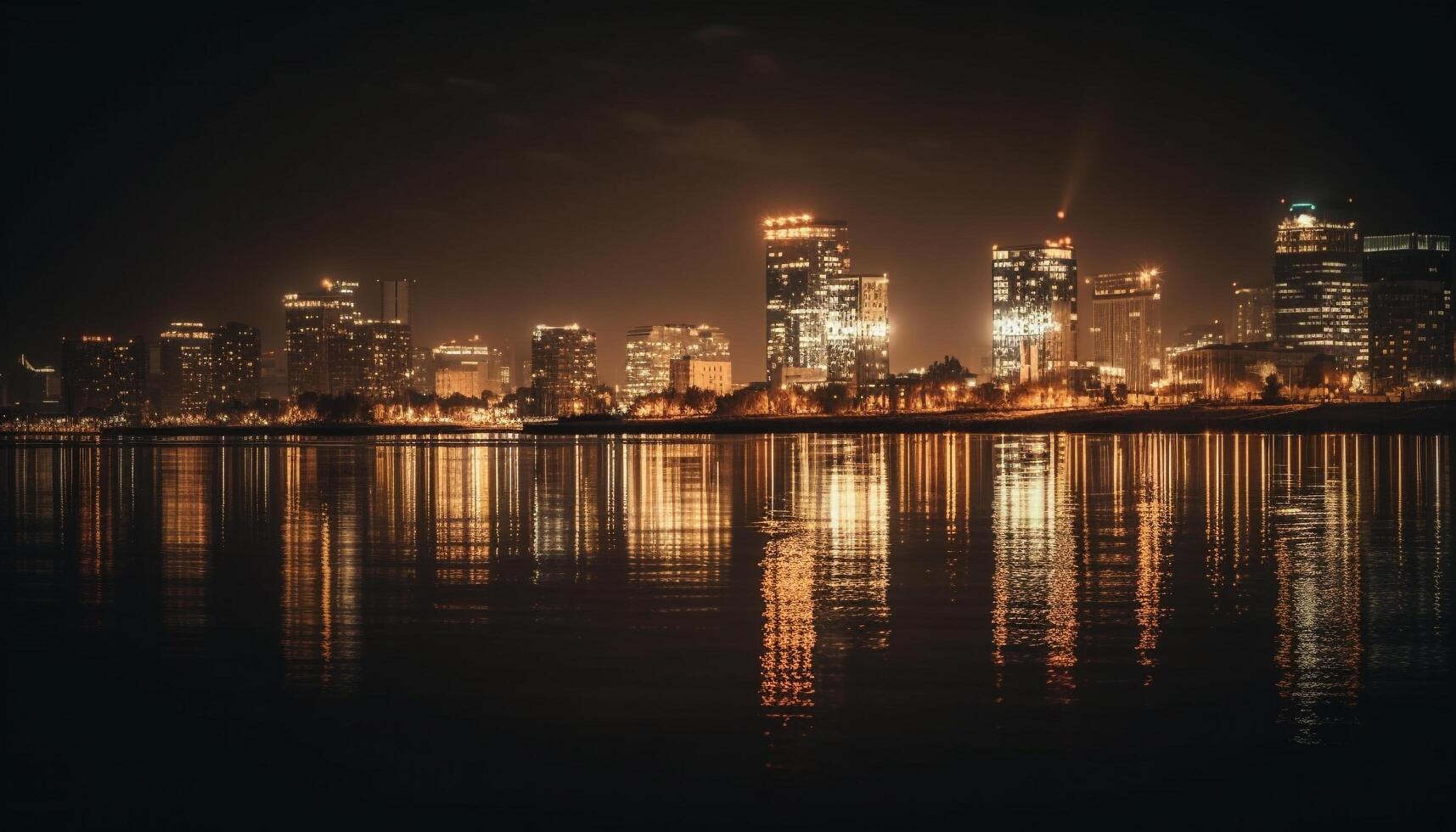 Glowing skyscrapers illuminate city skyline over waterfront generated by AI photo