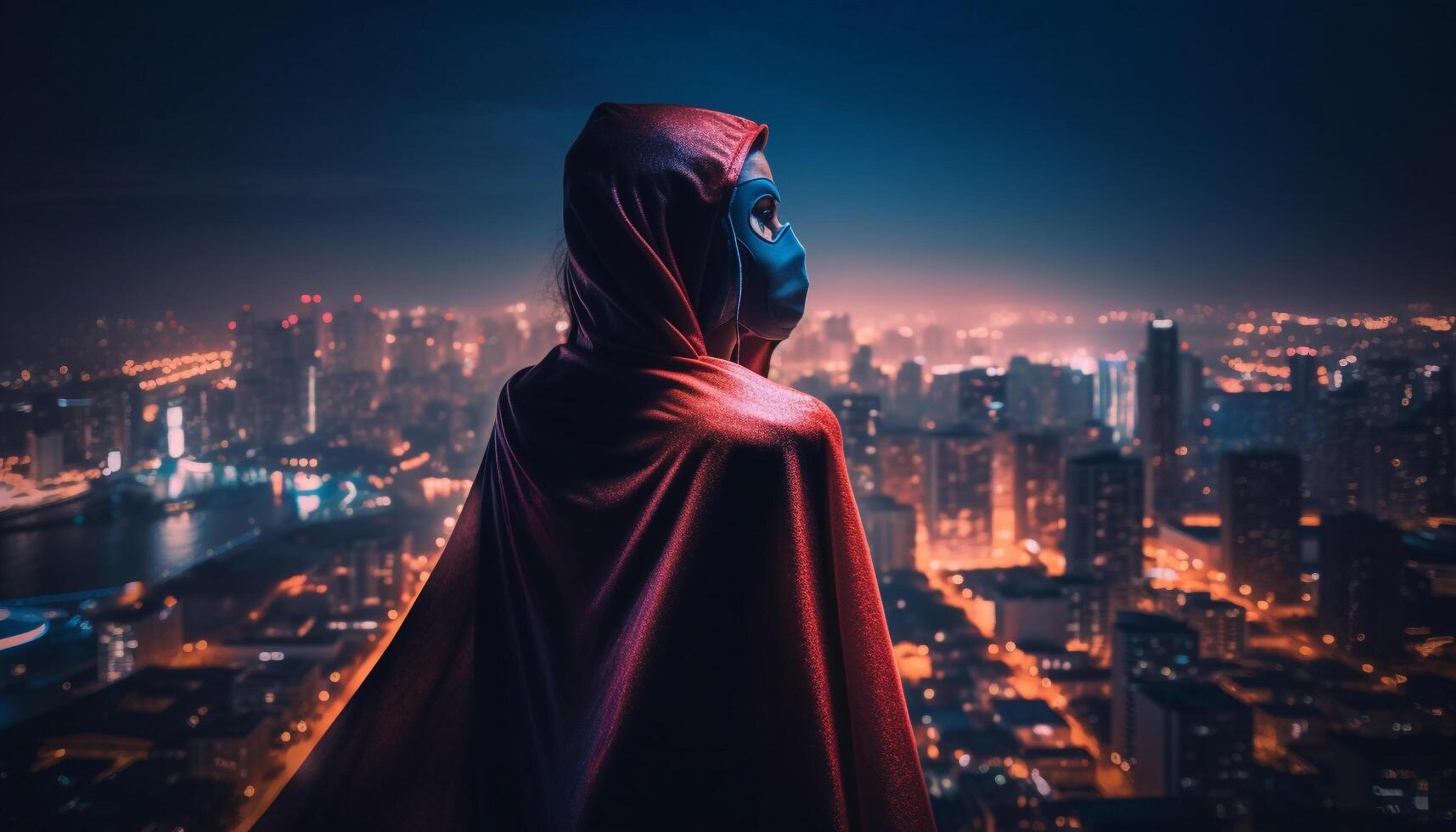 Glowing superhero soars over city skyline at night generated by AI photo