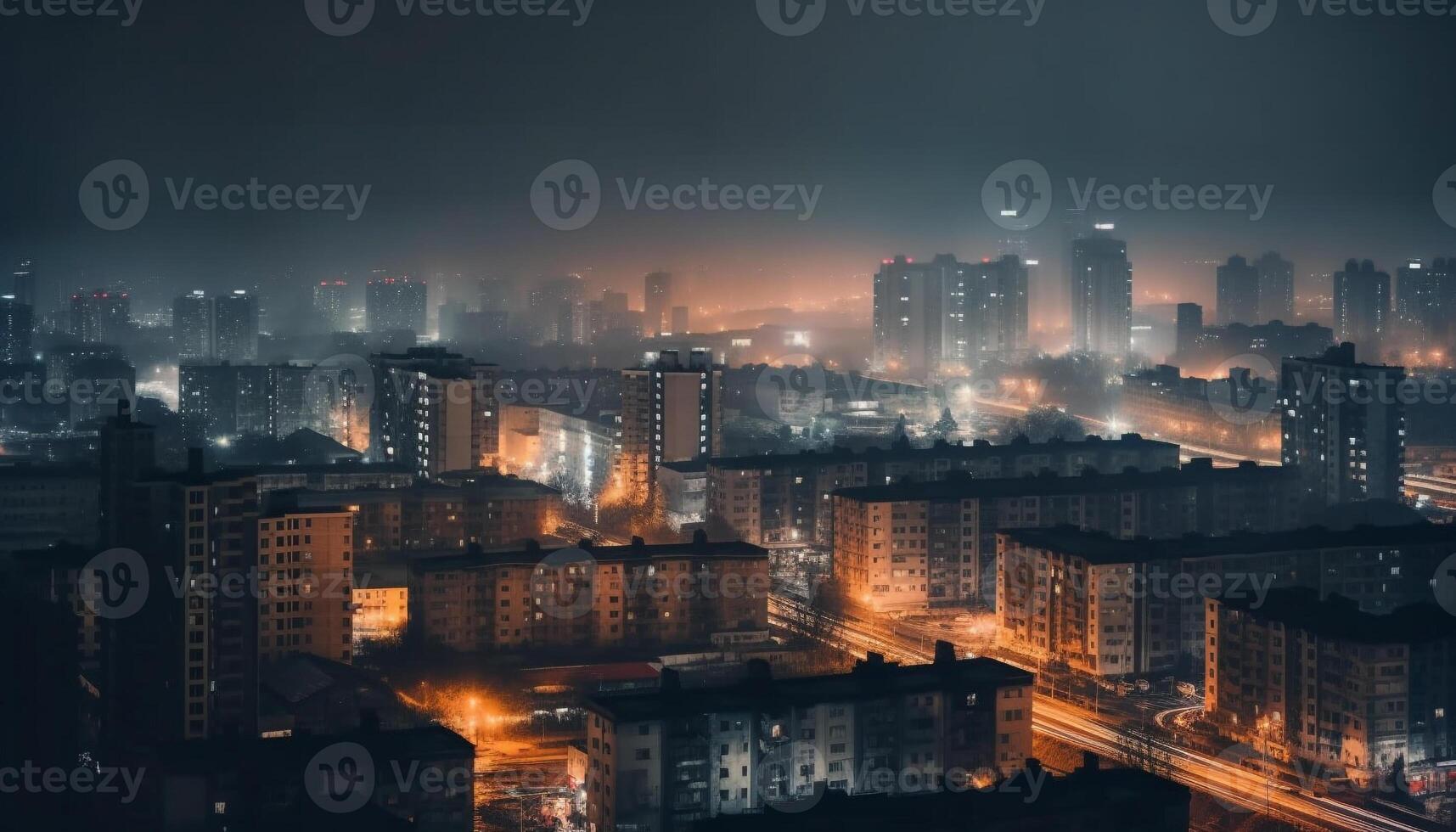 City lights ignite urban skyline at twilight generated by AI photo