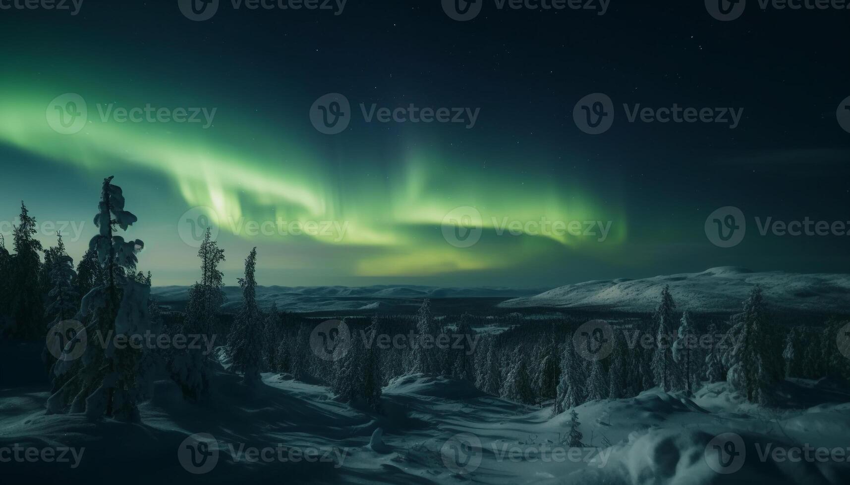 Frozen landscape illuminated by the Aurora Polaris generated by AI photo