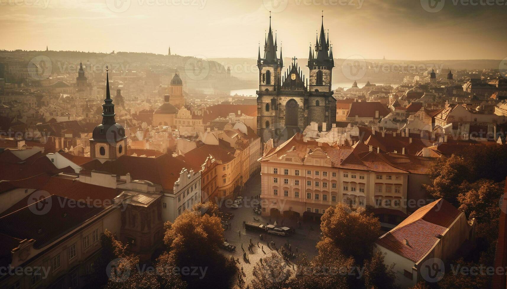 Catholic spires pierce Prague medieval skyline at dusk generated by AI photo