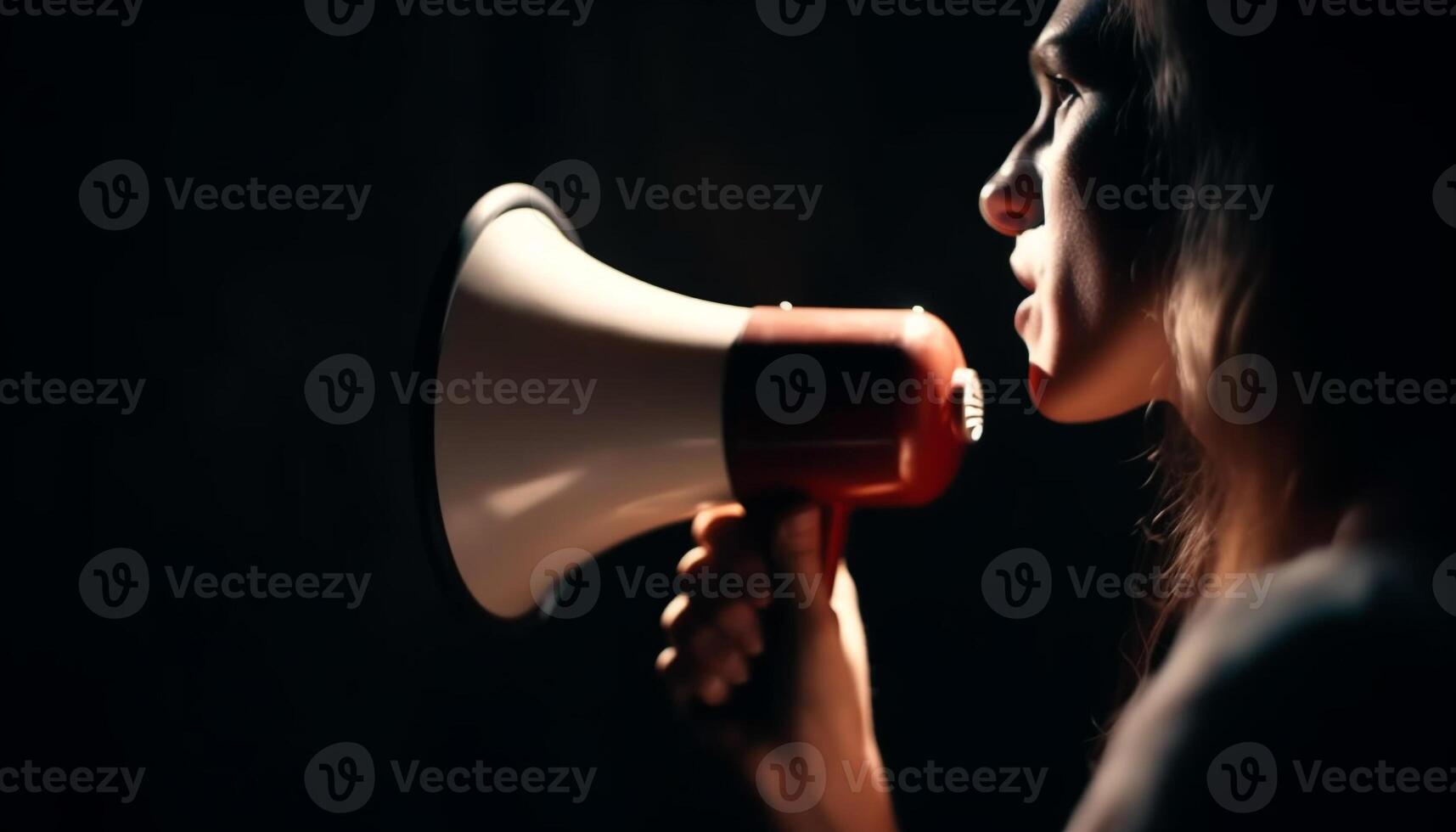 A young Caucasian woman holding a megaphone generated by AI photo