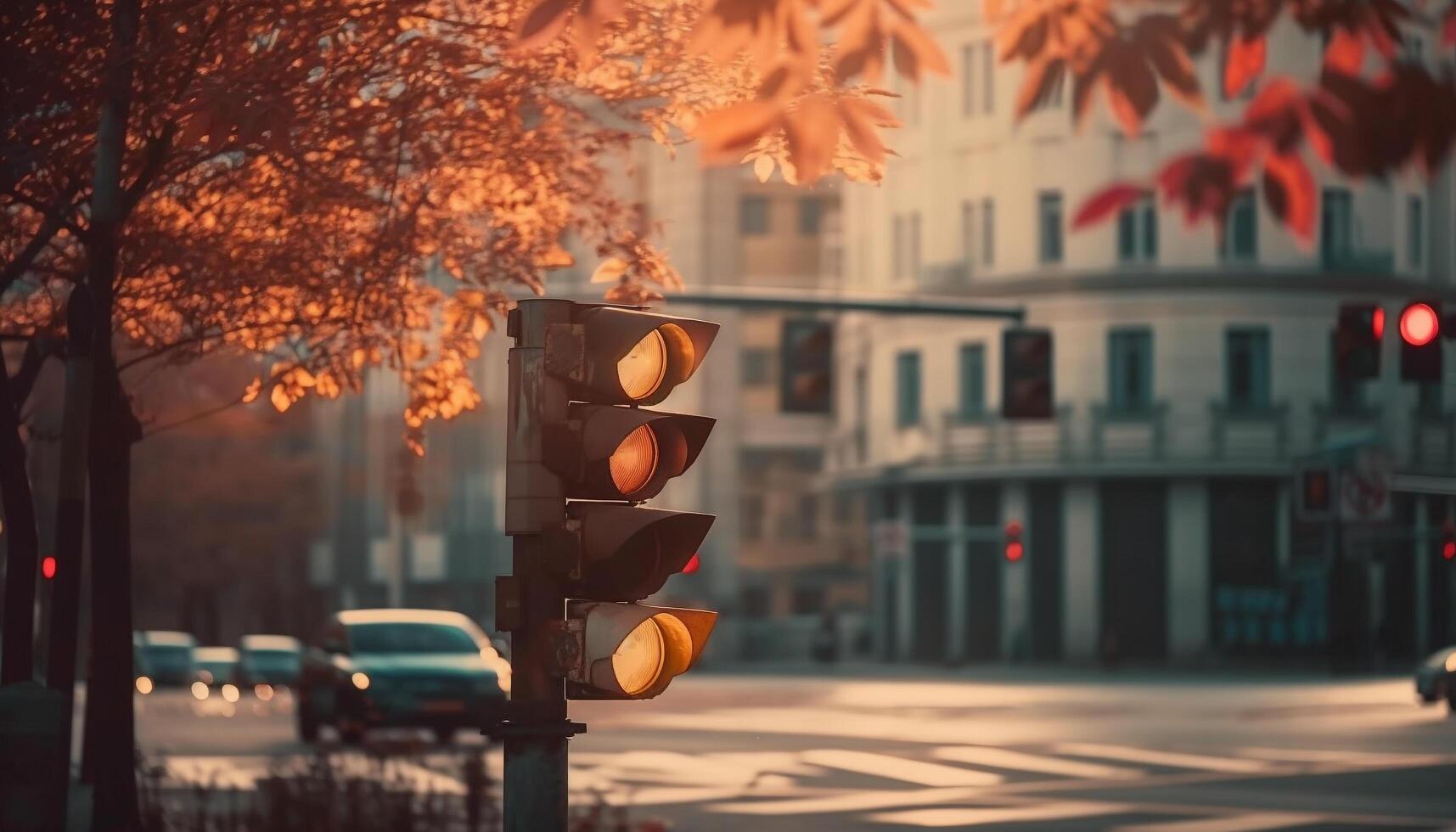 Yellow bus stops by illuminated crosswalk at night generated by AI photo