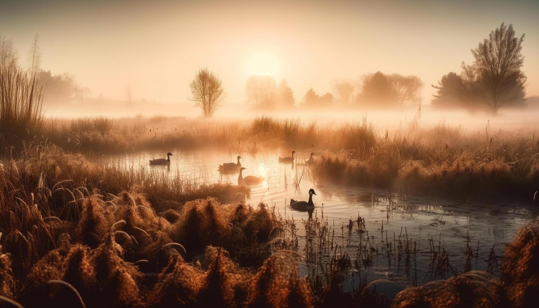 Tranquil scene animals in the wild reflect on pond generated by AI photo