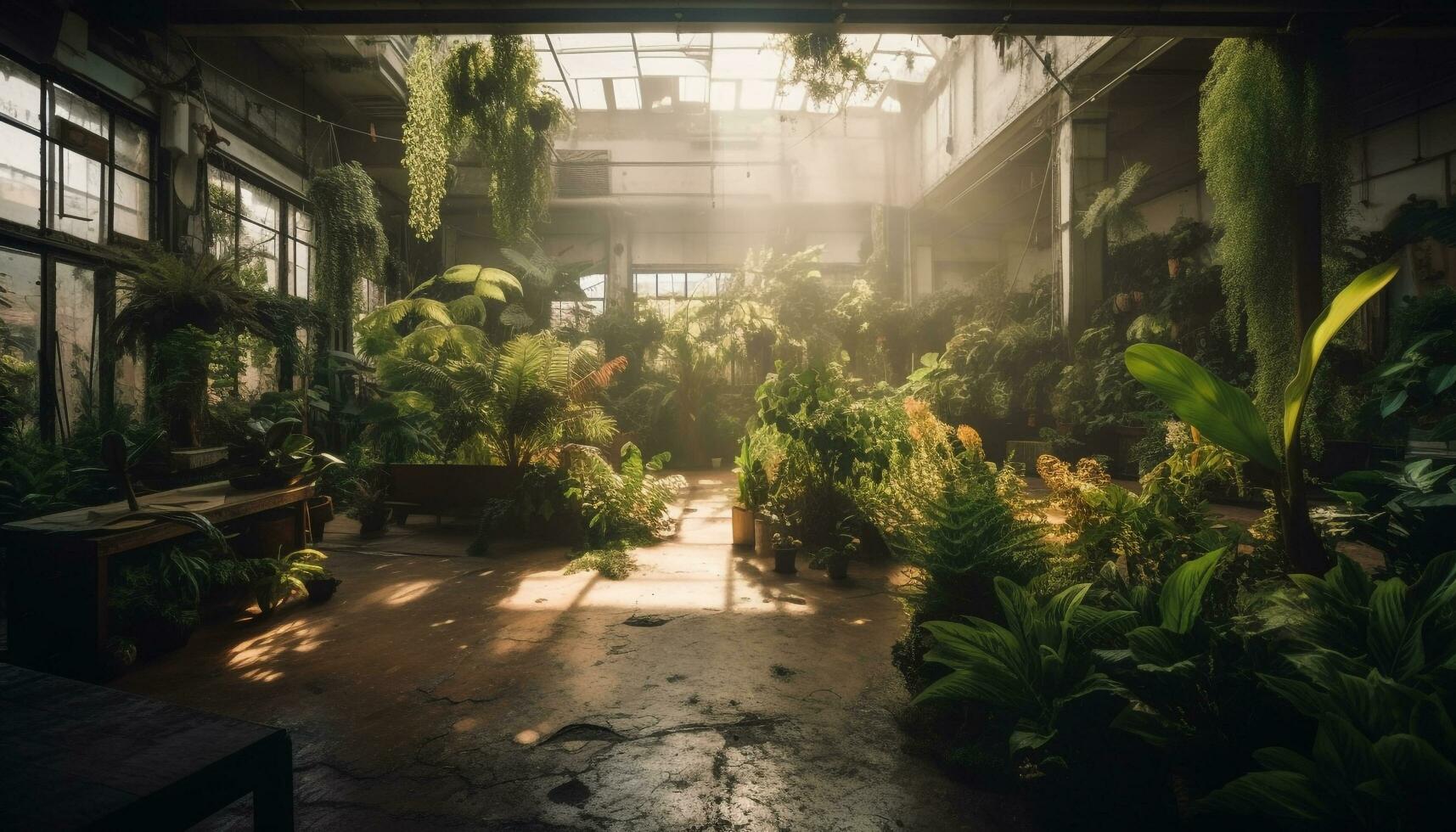 Bright green plants grow in lush greenhouse generated by AI photo