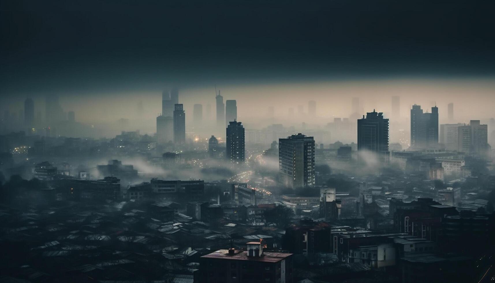 Illuminated skyscrapers reflect in the polluted dusk fog generated by AI photo