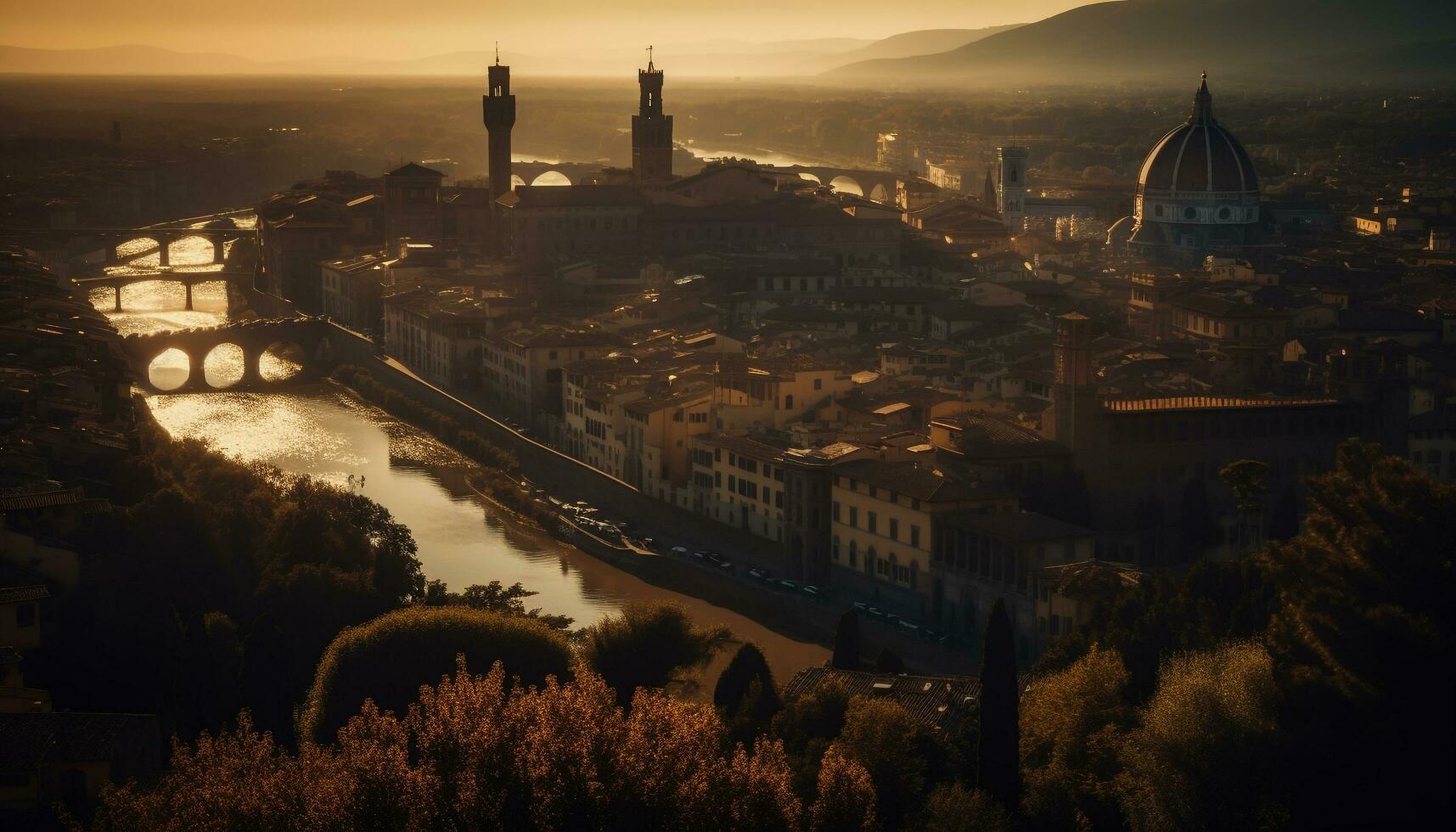 Medieval basilica atop Italian city illuminated at sunset generated by AI photo