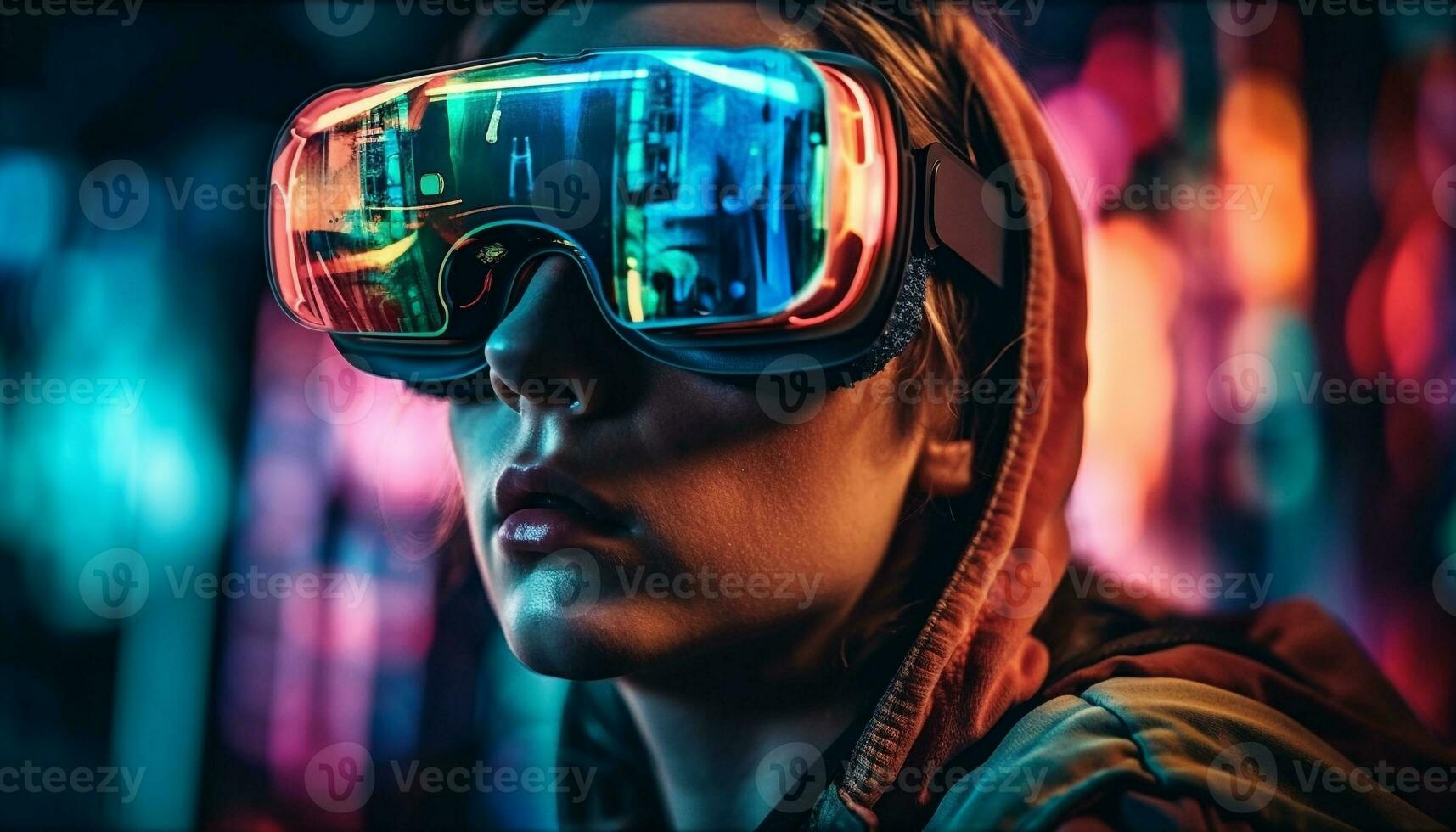 Young adult males in futuristic nightclubs generated by AI photo