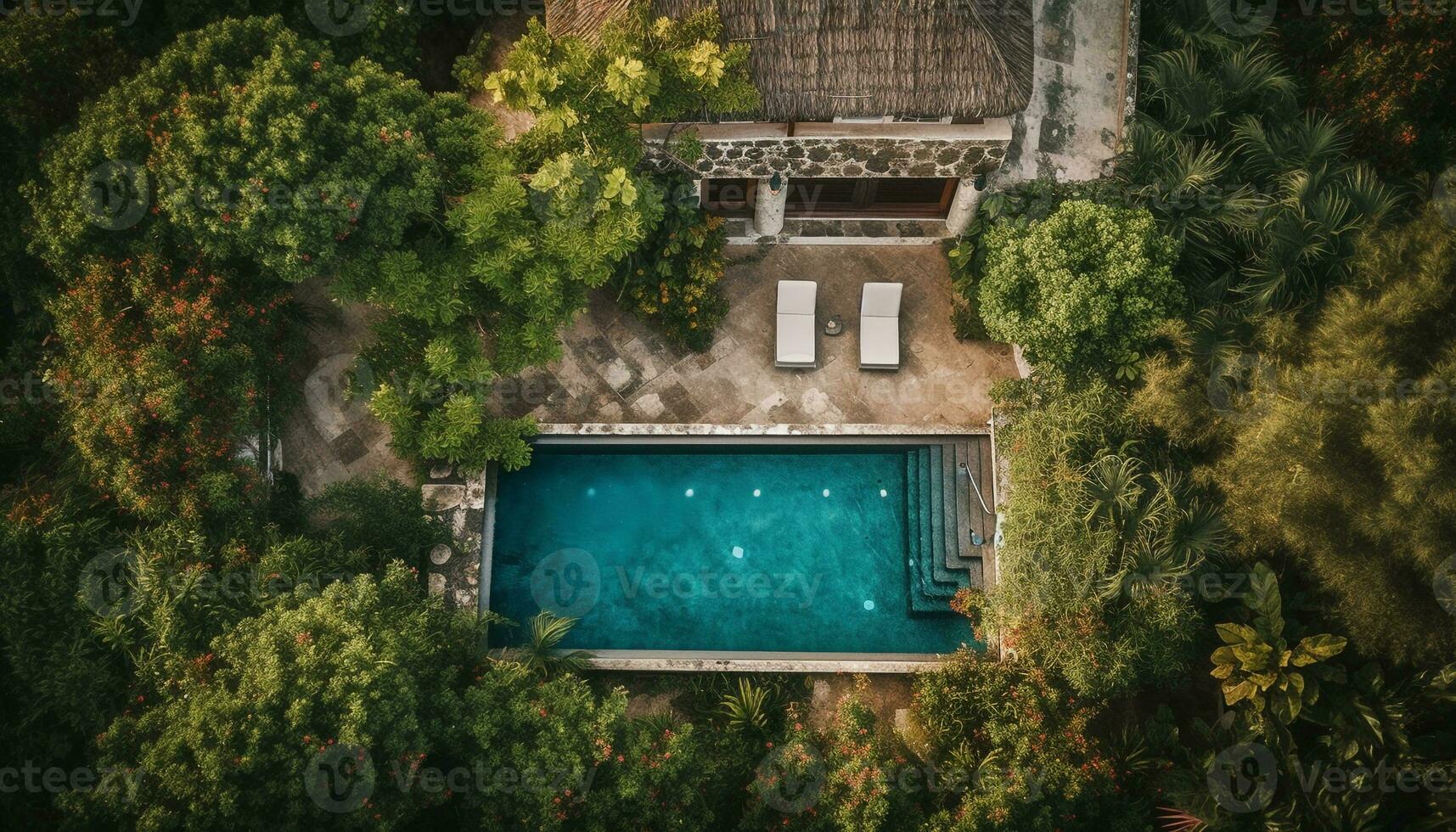 Green landscape, tranquil pool, chairs, relaxation generated by AI photo