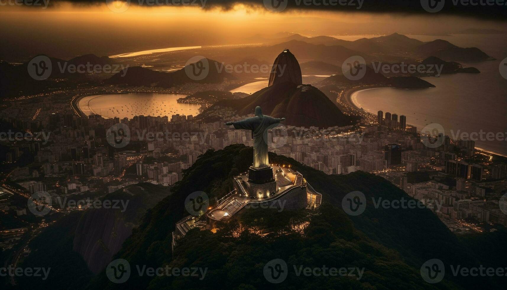 Majestic Sugarloaf Mountain Dark Coastline Silhouette generated by AI photo