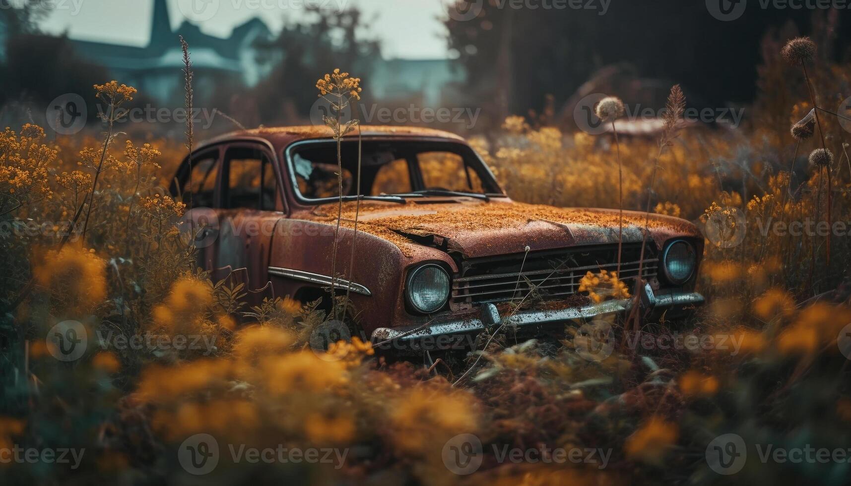 oxidado Clásico coche abandonado en rural bosque generado por ai foto