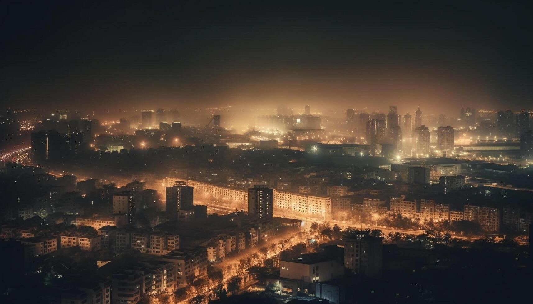 Glowing city skyline reflected in blue water generated by AI photo