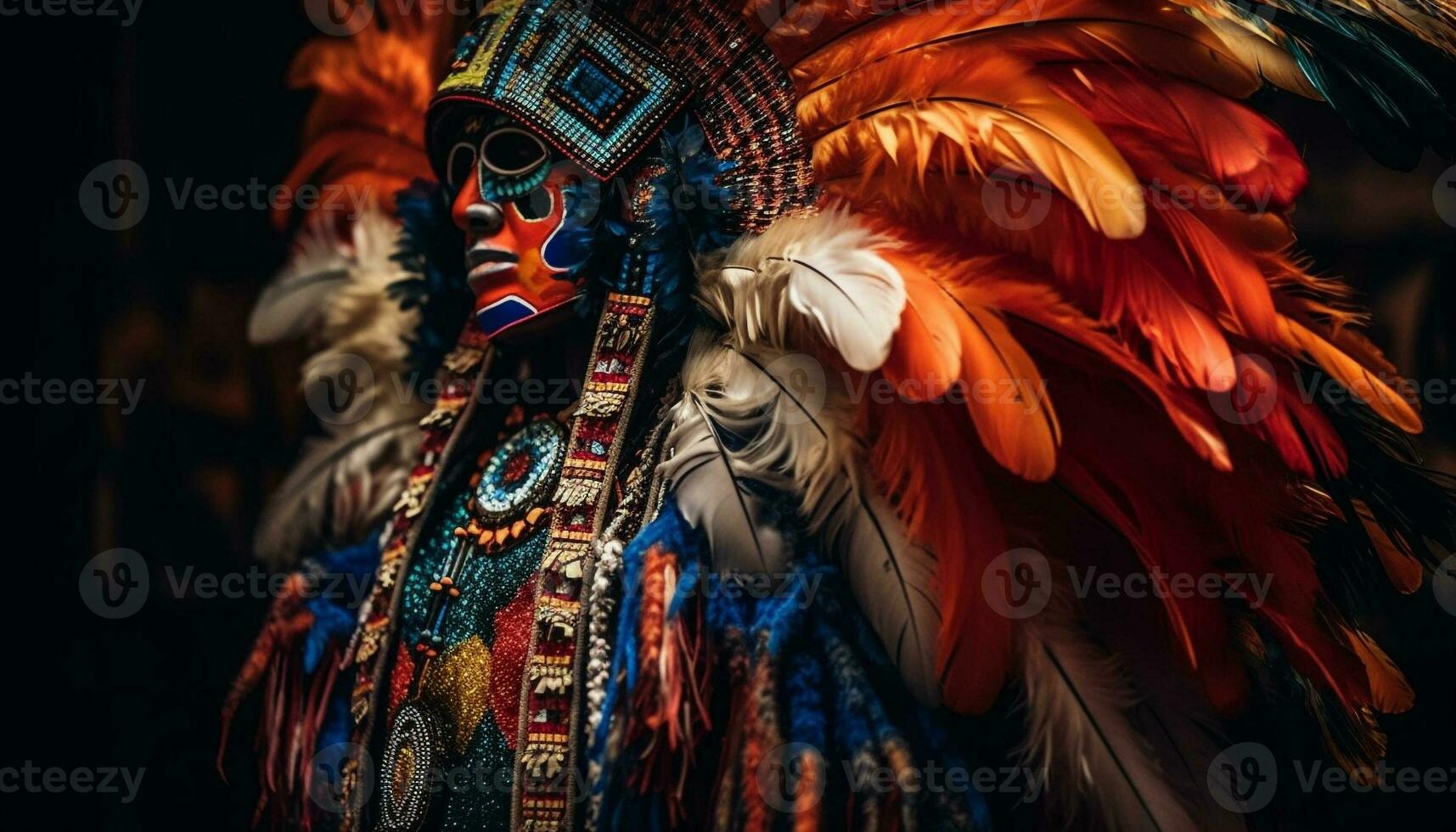 Vibrant feathered headdress adorned with multi colored patterns generated by AI photo