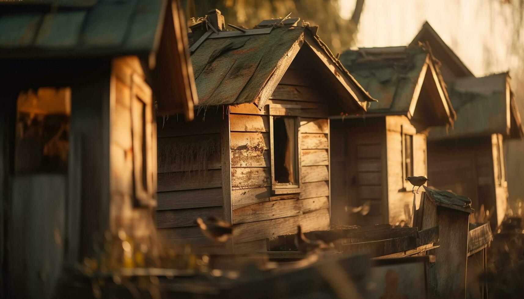 Rustic old cottage with dirty abandoned roof generated by AI photo