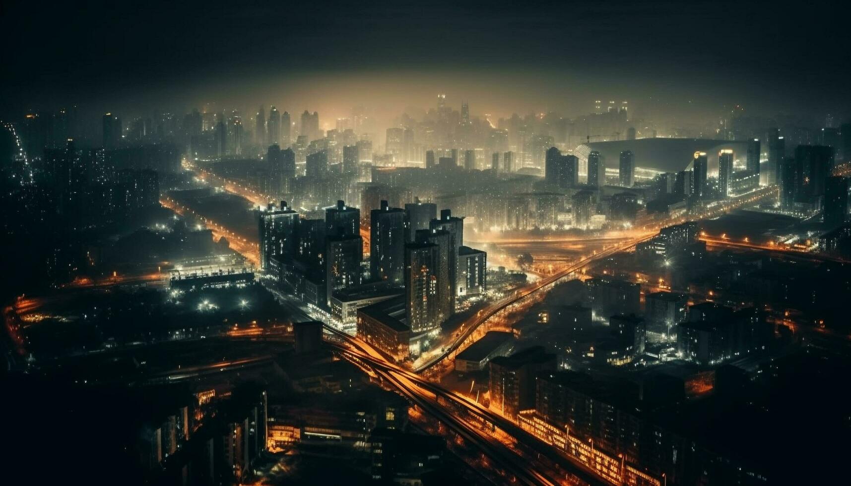 City nightlife illuminates the modern urban skyline generated by AI photo