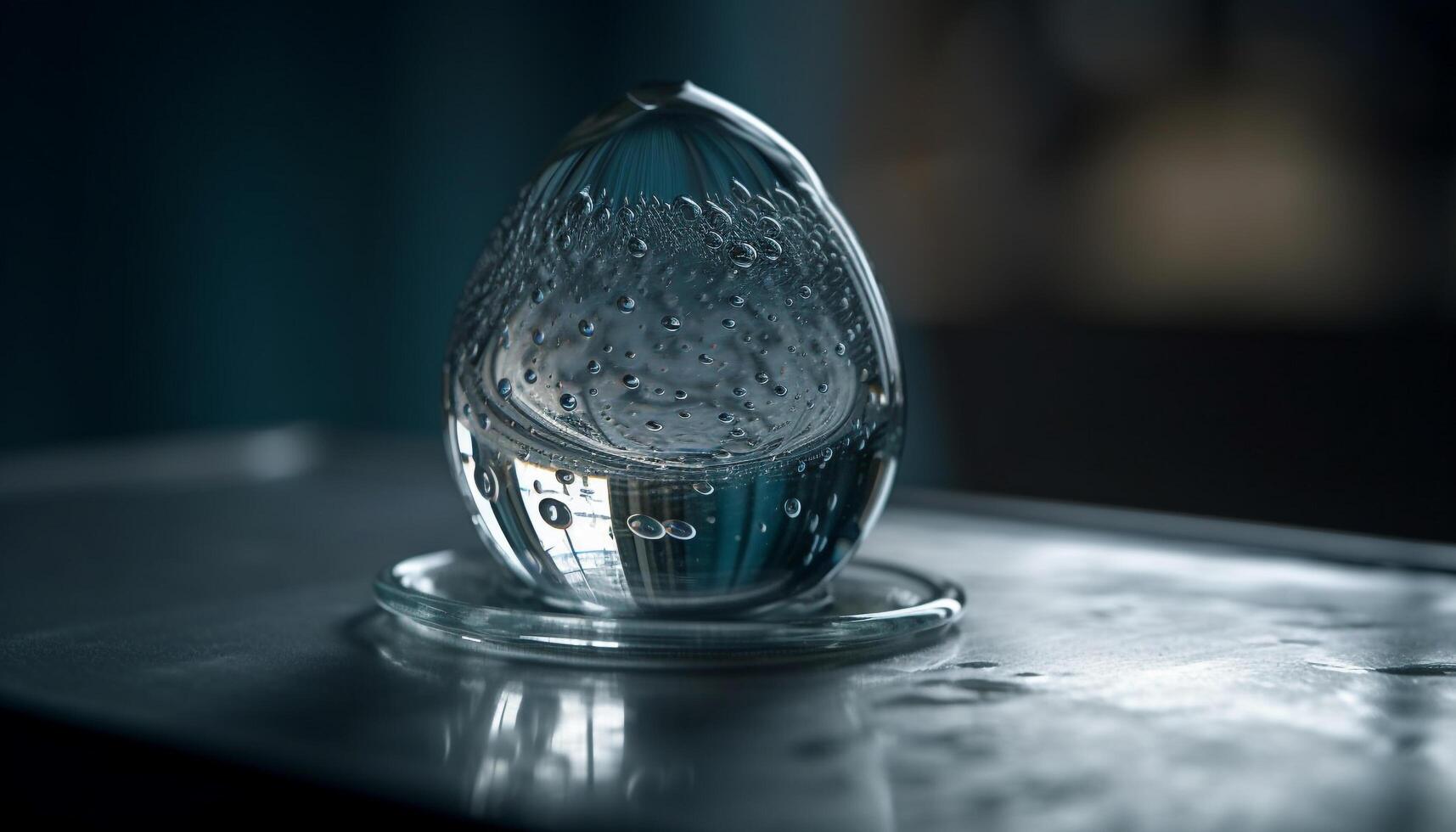 Fresh water drop splashes into glass reflection generated by AI photo