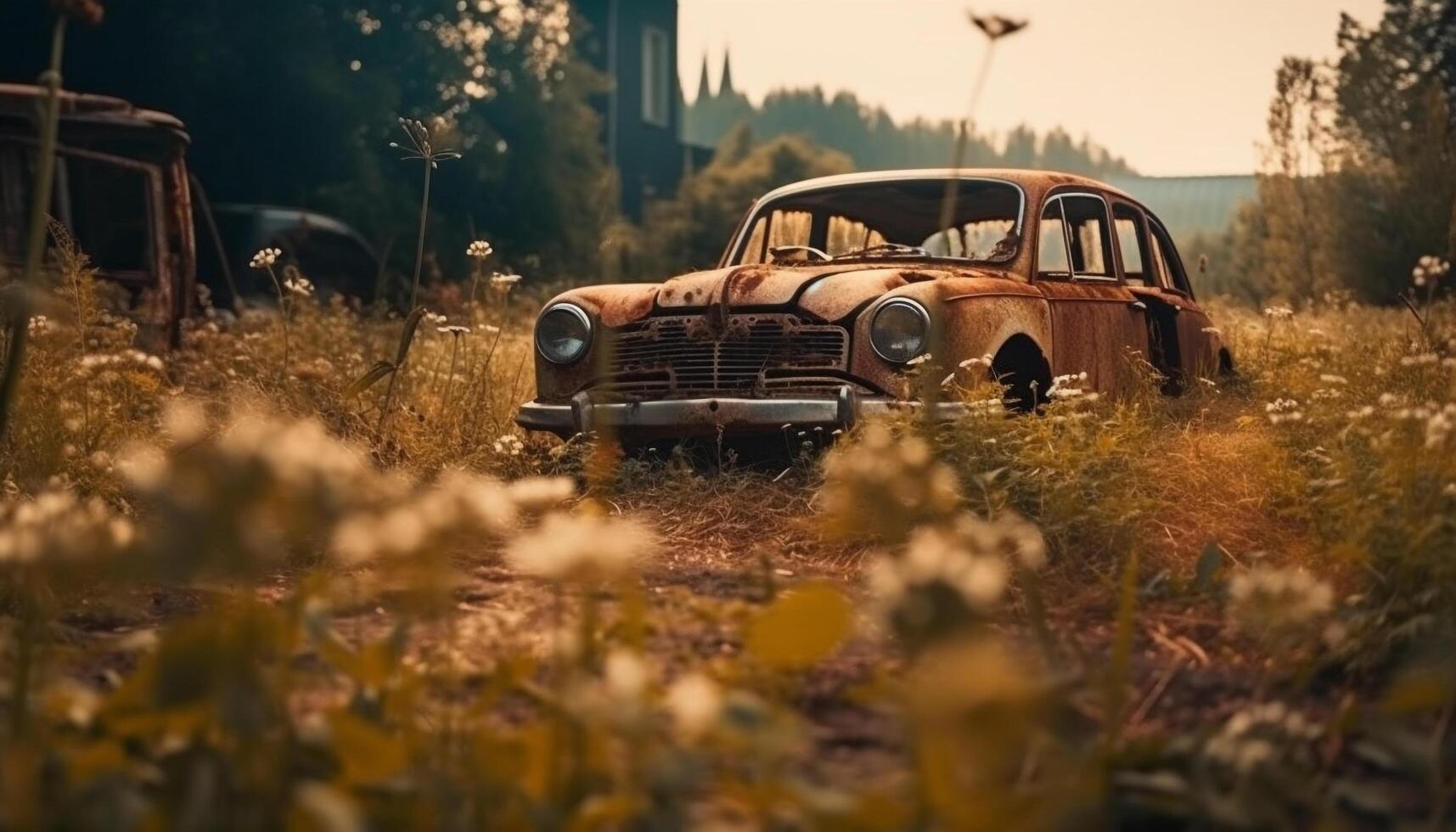 Abandoned vintage car rusts in rural meadow generated by AI photo