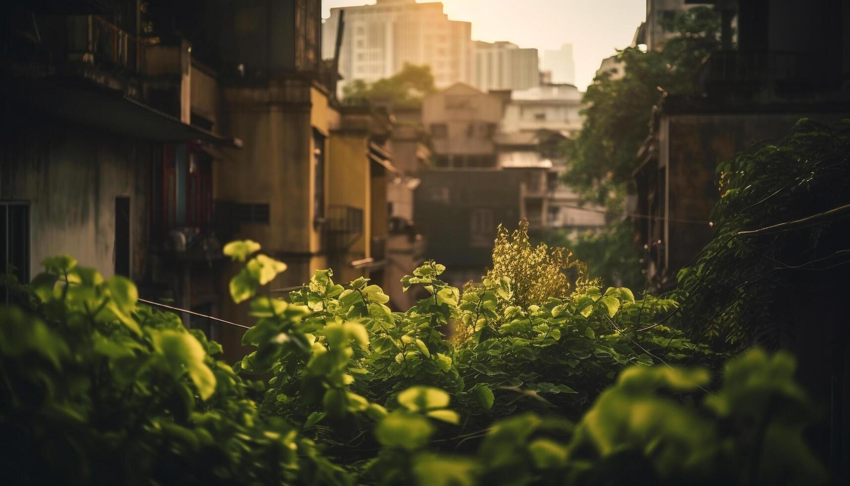 Nature sunlit skyscrapers, a city green growth generated by AI photo