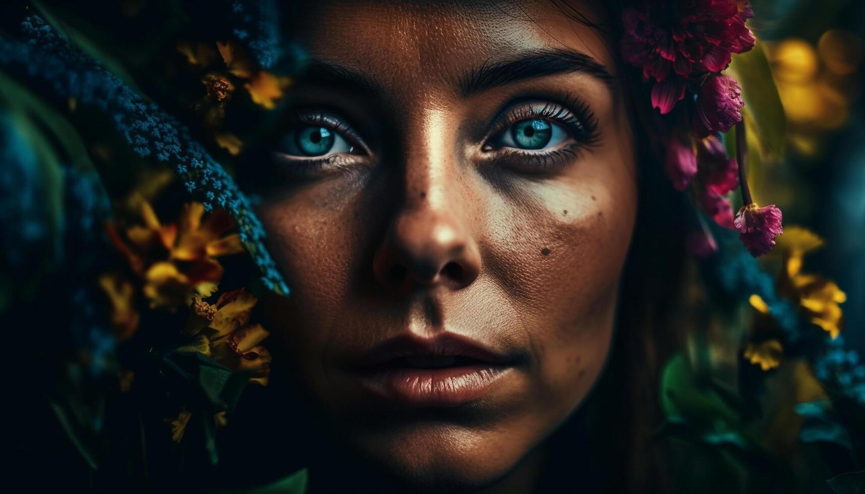 el hermosa mujer sonrió en el bosque generado por ai foto