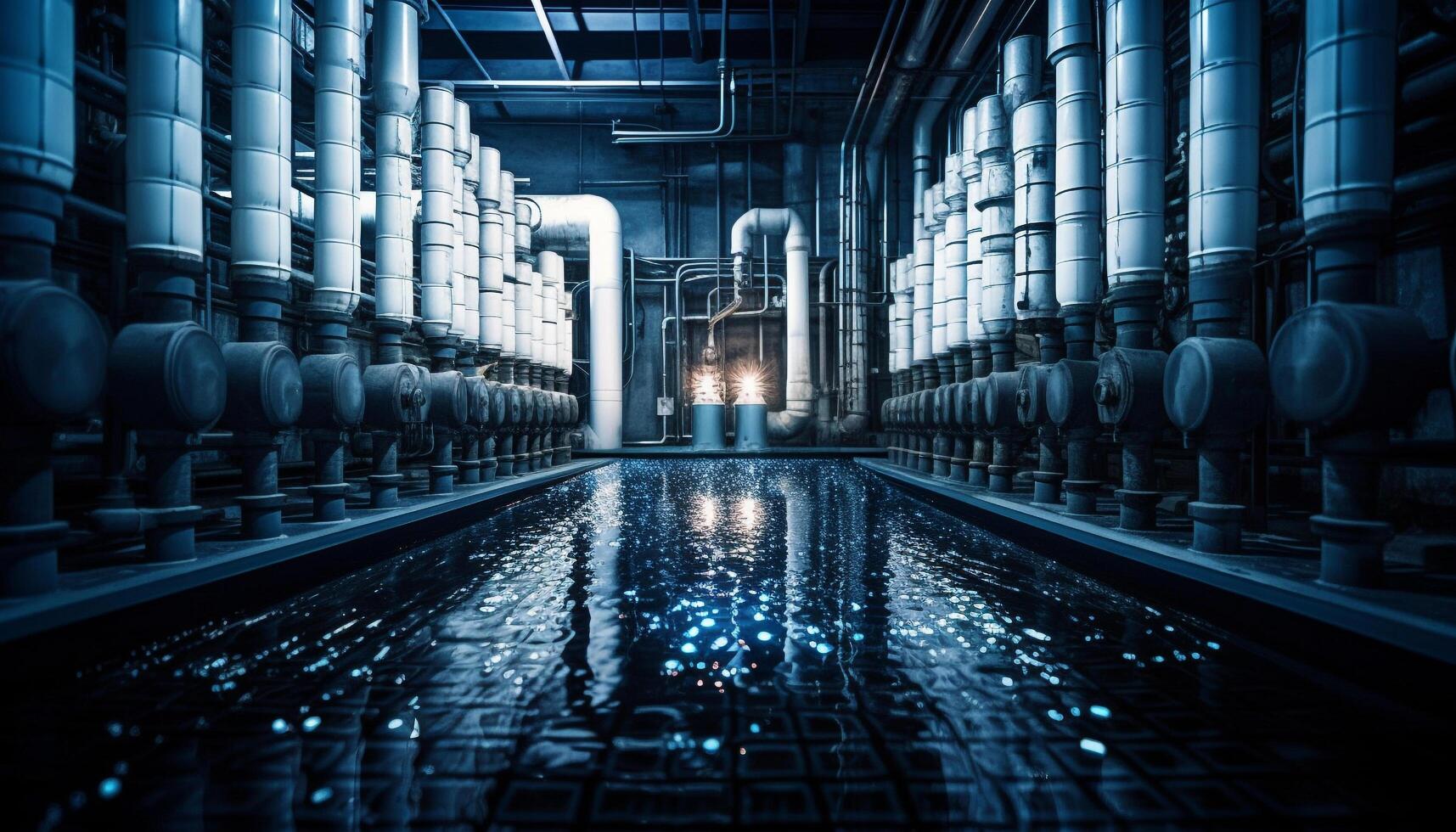 Reflective metal pipes illuminate futuristic factory corridor generated by AI photo