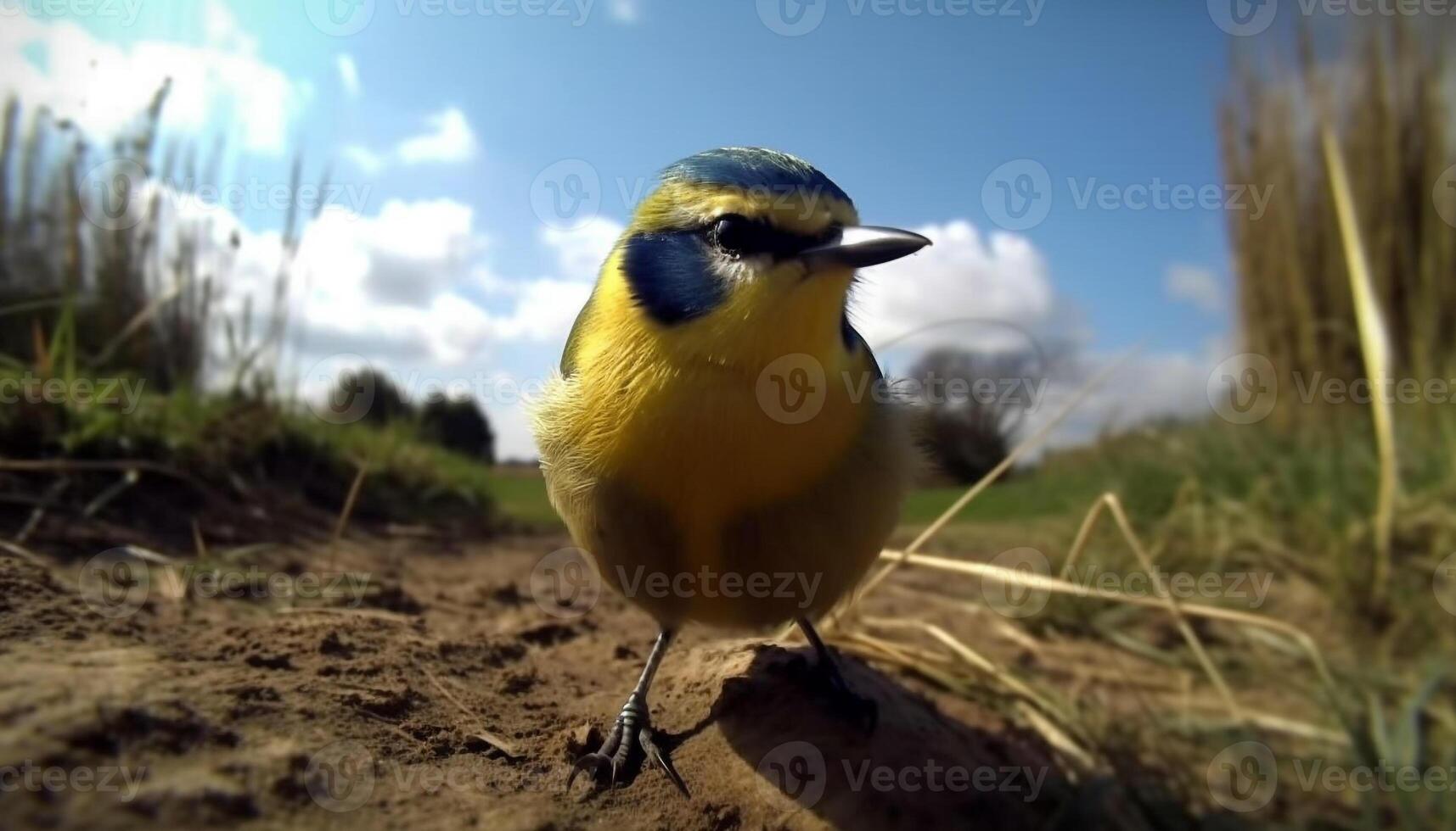 Small bird perching on branch, yellow beak generated by AI photo