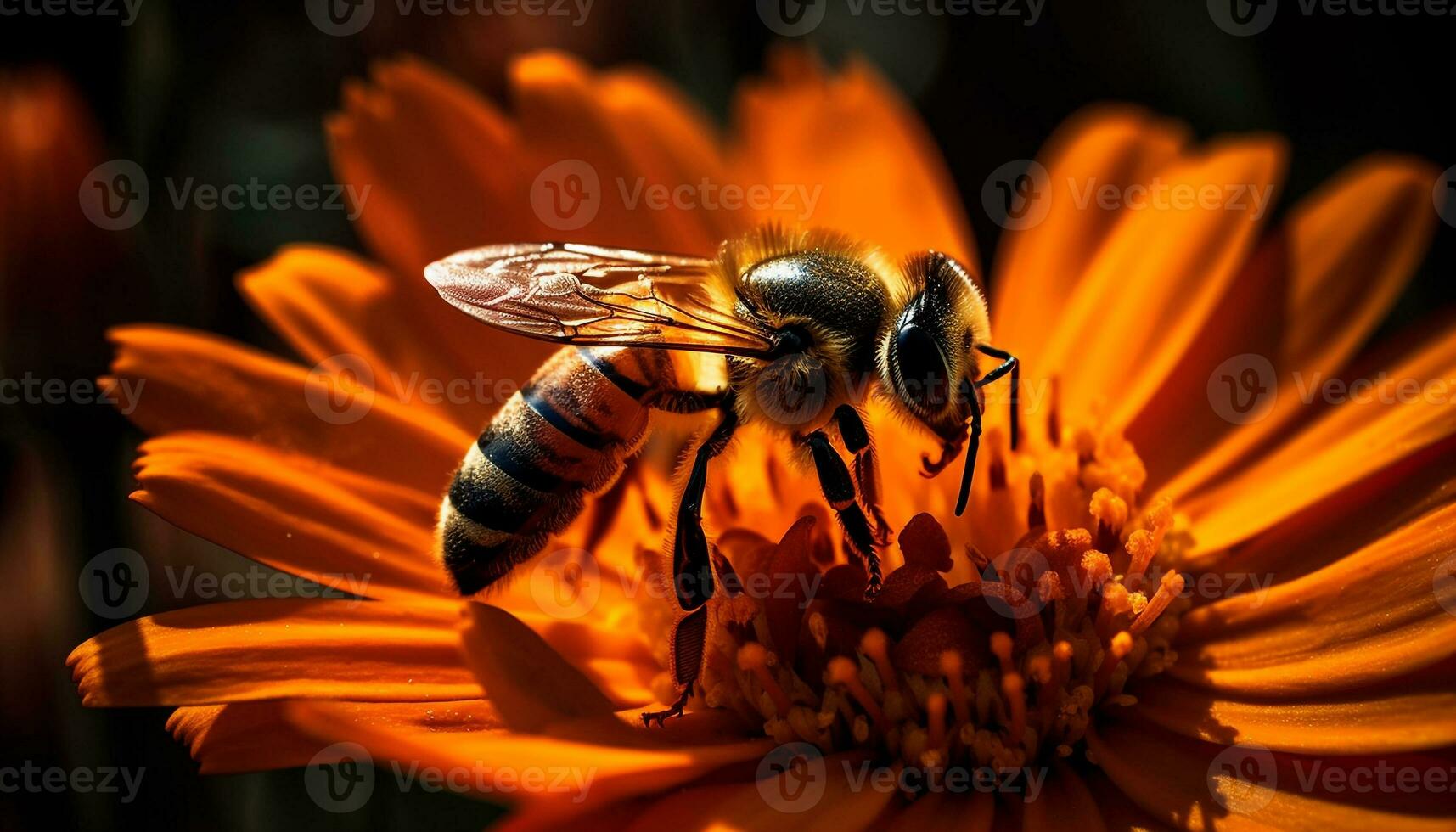 ocupado abeja trabajando amarillo polen en piernas generado por ai foto