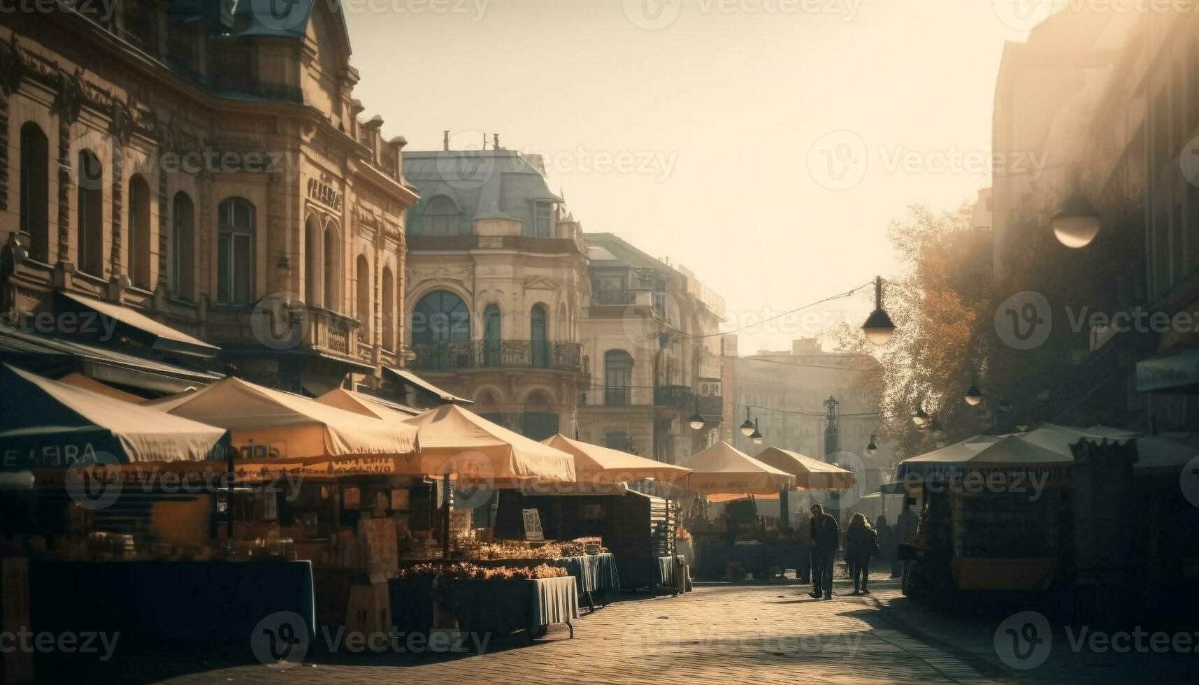 City life illuminates the old town street generated by AI photo