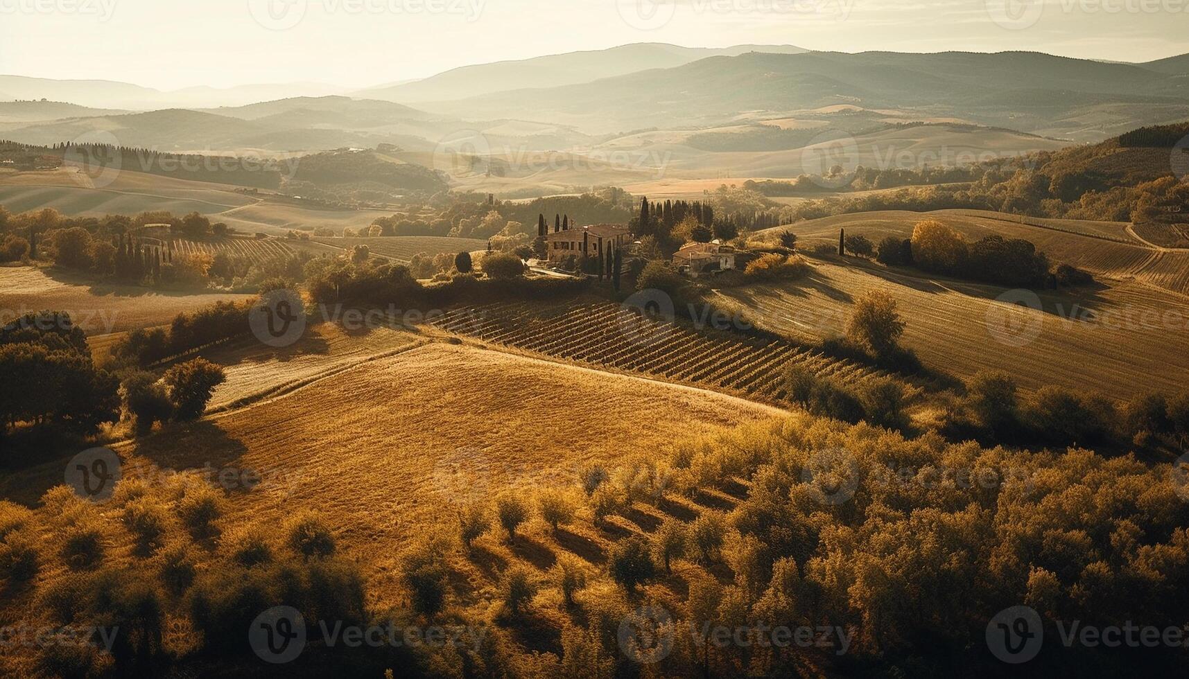 Rustic farmhouse amid Chianti vines at sunset generated by AI photo