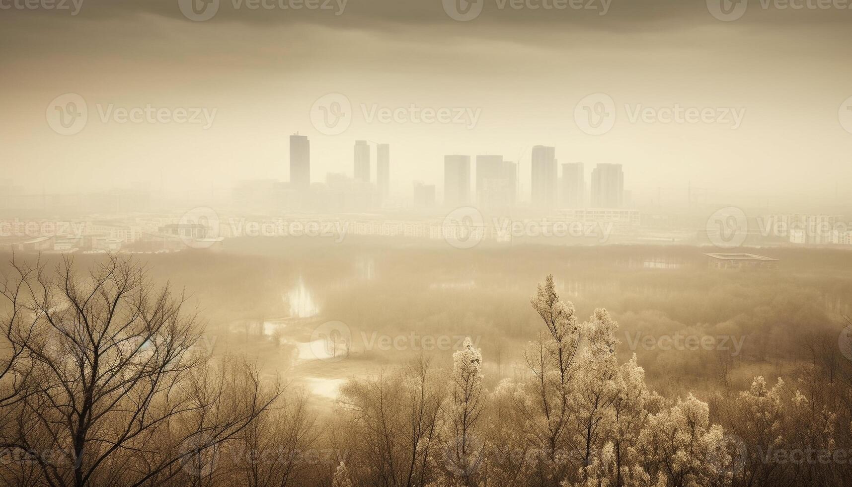 Silhouette of cityscape, tranquil fog over skyscraper generated by AI photo