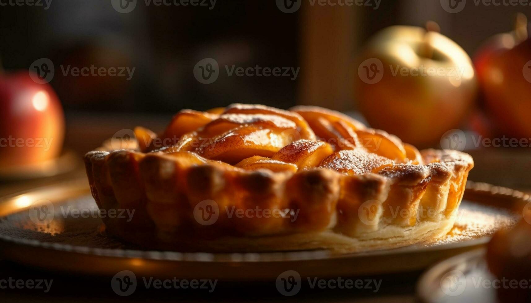 Homemade apple pie baked on rustic table generated by AI photo