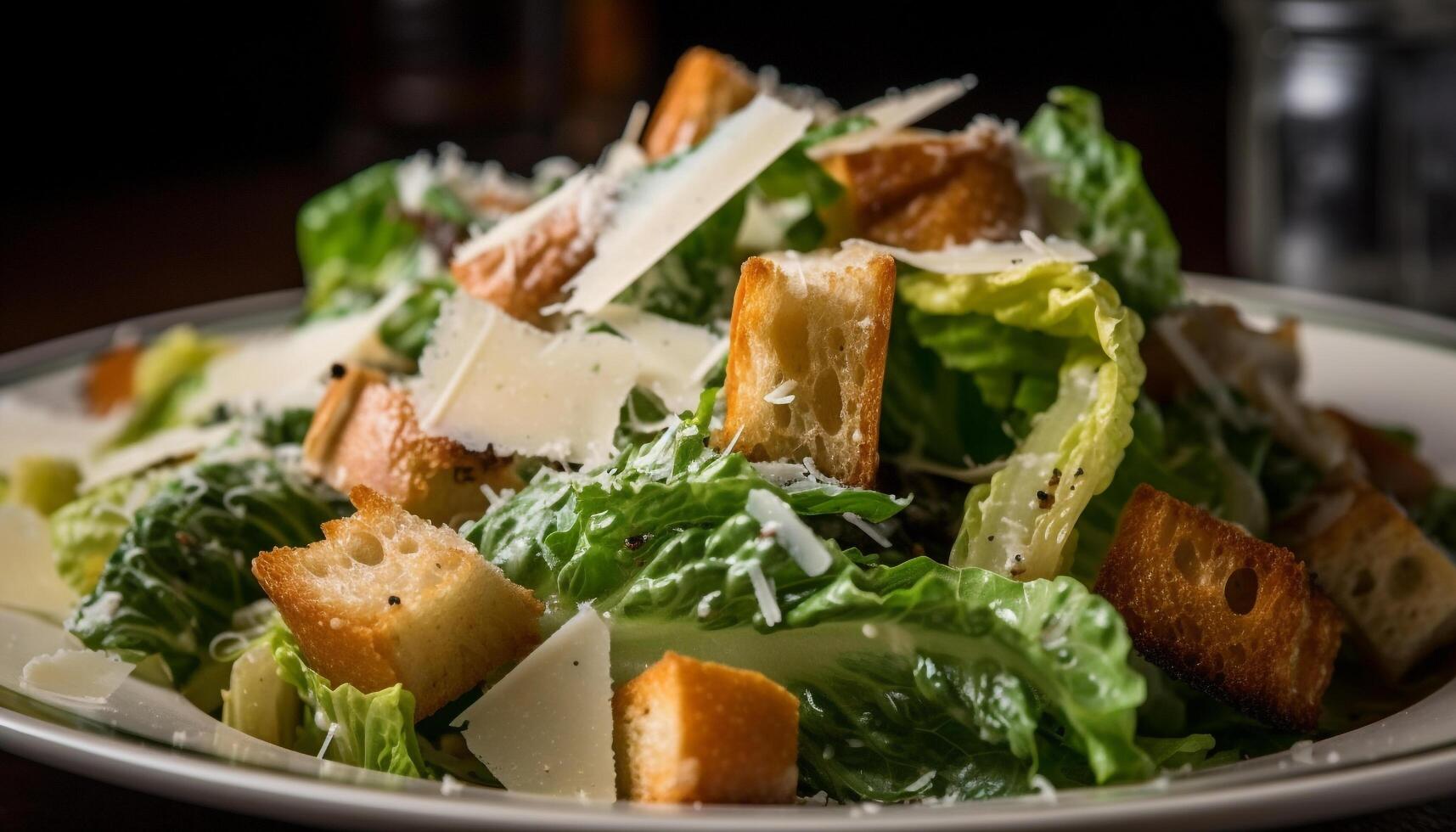 Healthy gourmet Caesar salad, ready to eat freshness generated by AI photo
