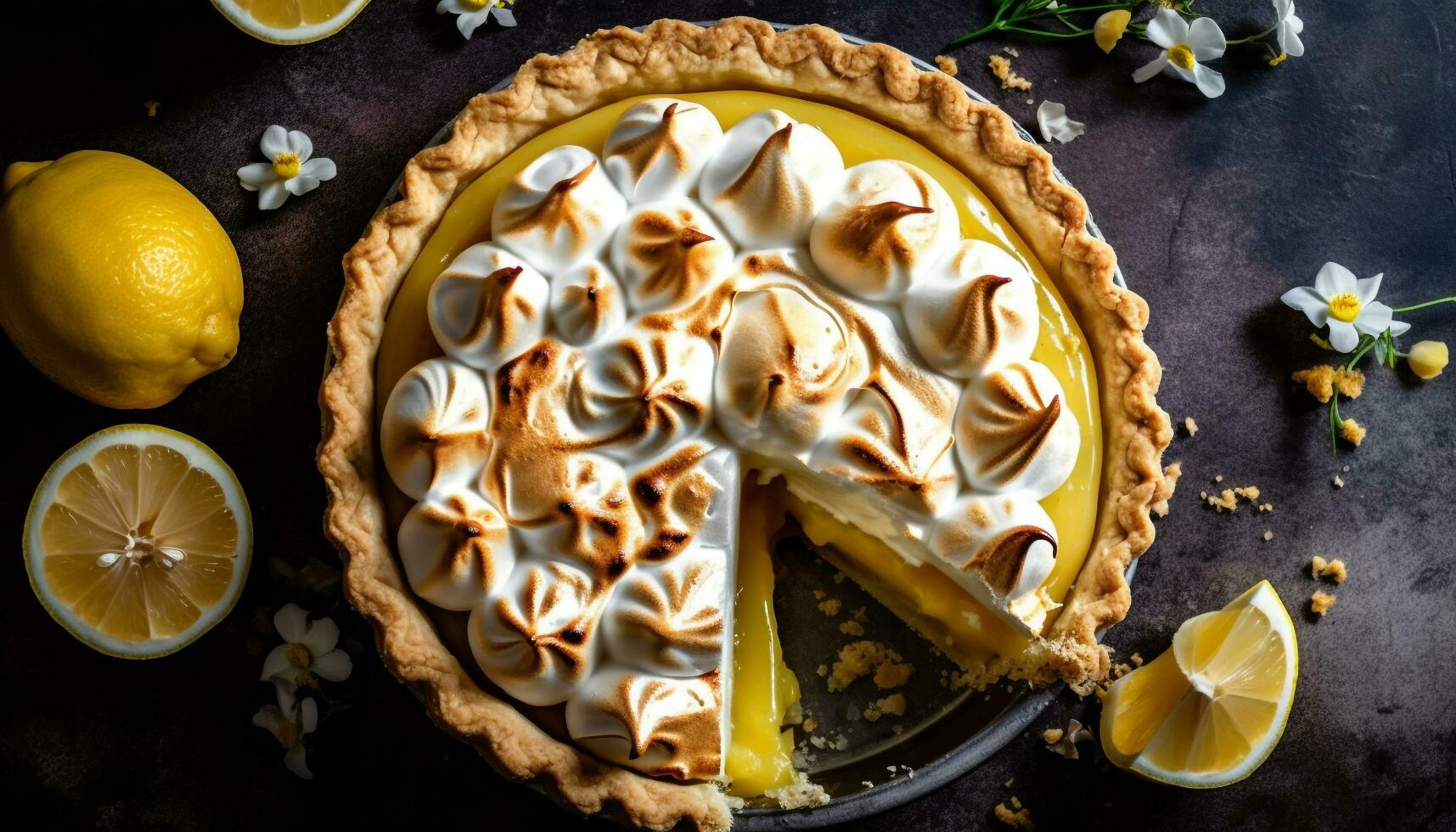 Yellow lemon meringue tart, a sweet indulgence generated by AI photo