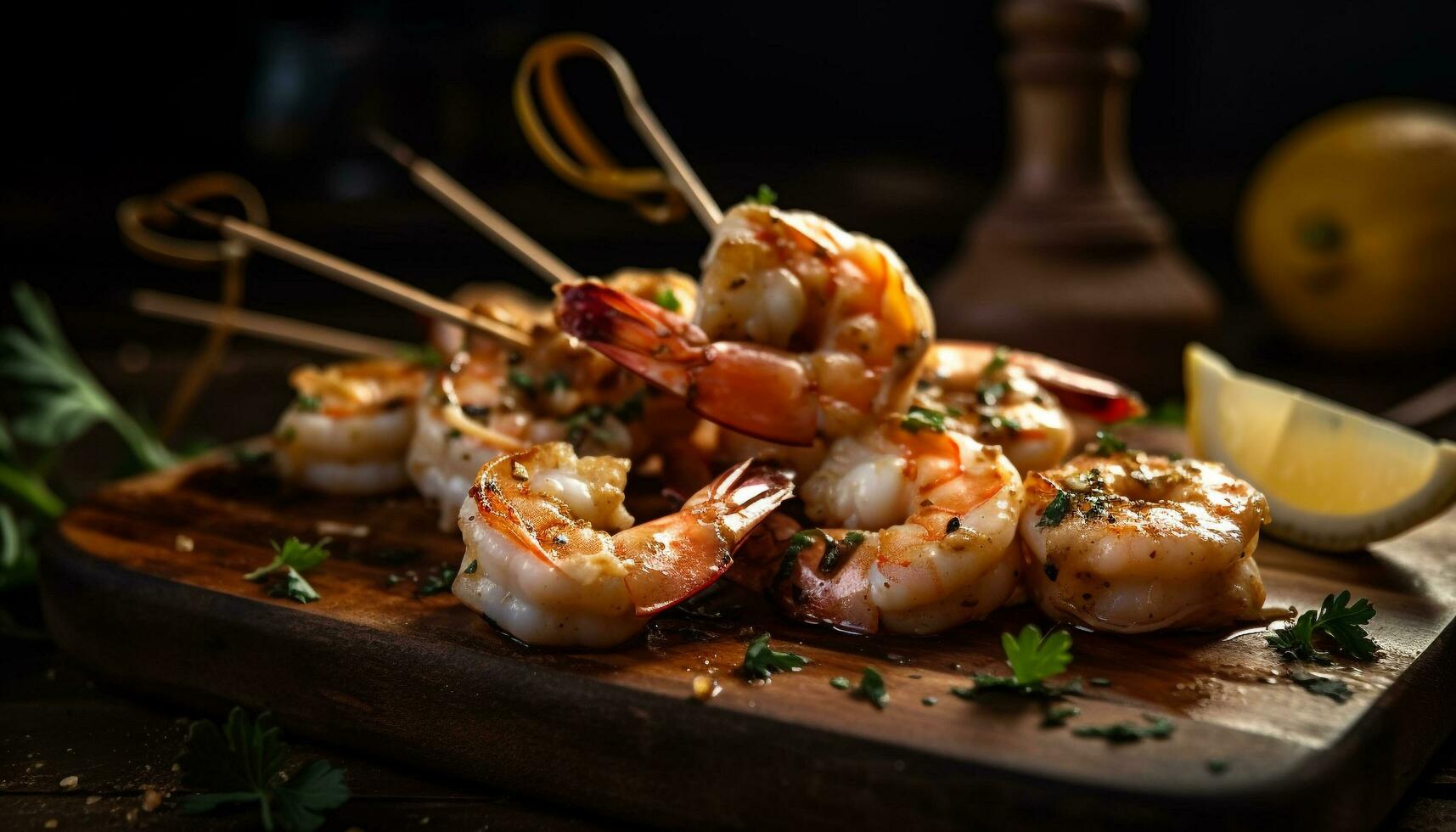 Grilled prawn skewers, fresh seafood appetizer plate generated by AI photo