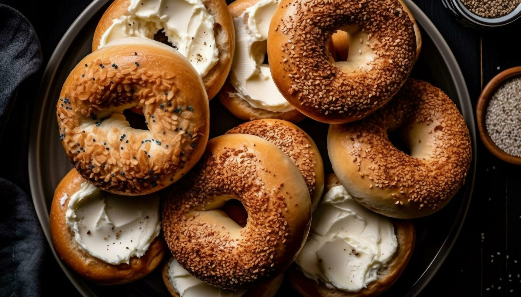 Freshly baked bagels with sesame seeds, gourmet delight generated by AI photo