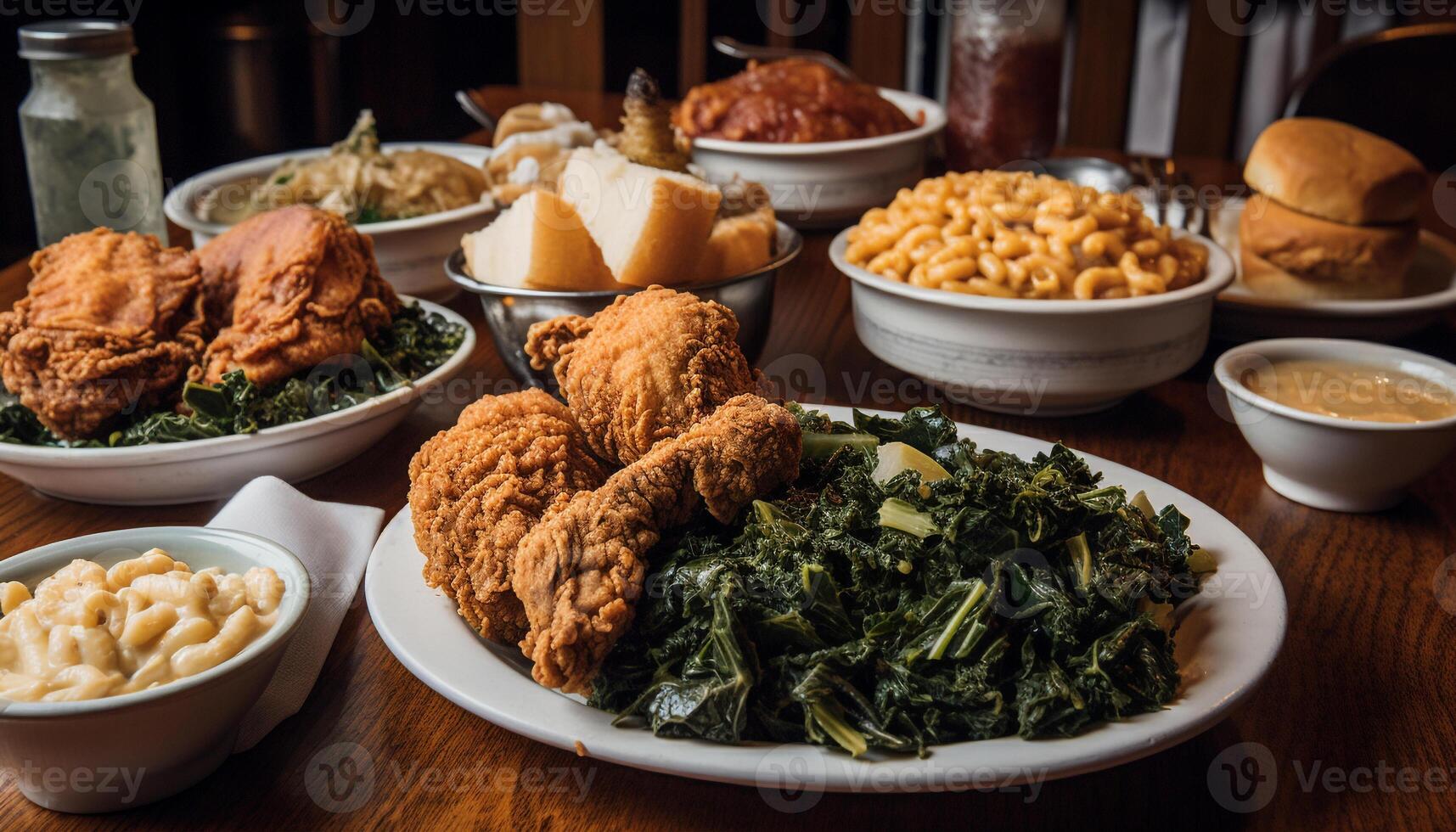 Fried chicken on a wooden plate indoors generated by AI photo