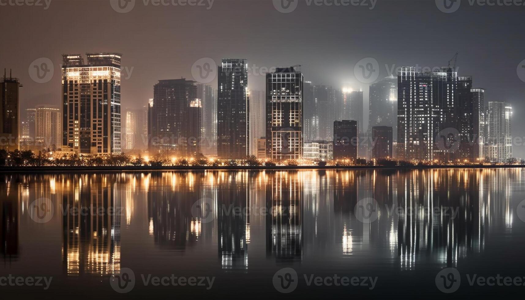 Glowing skyscraper reflects modern city life at dusk generated by AI photo