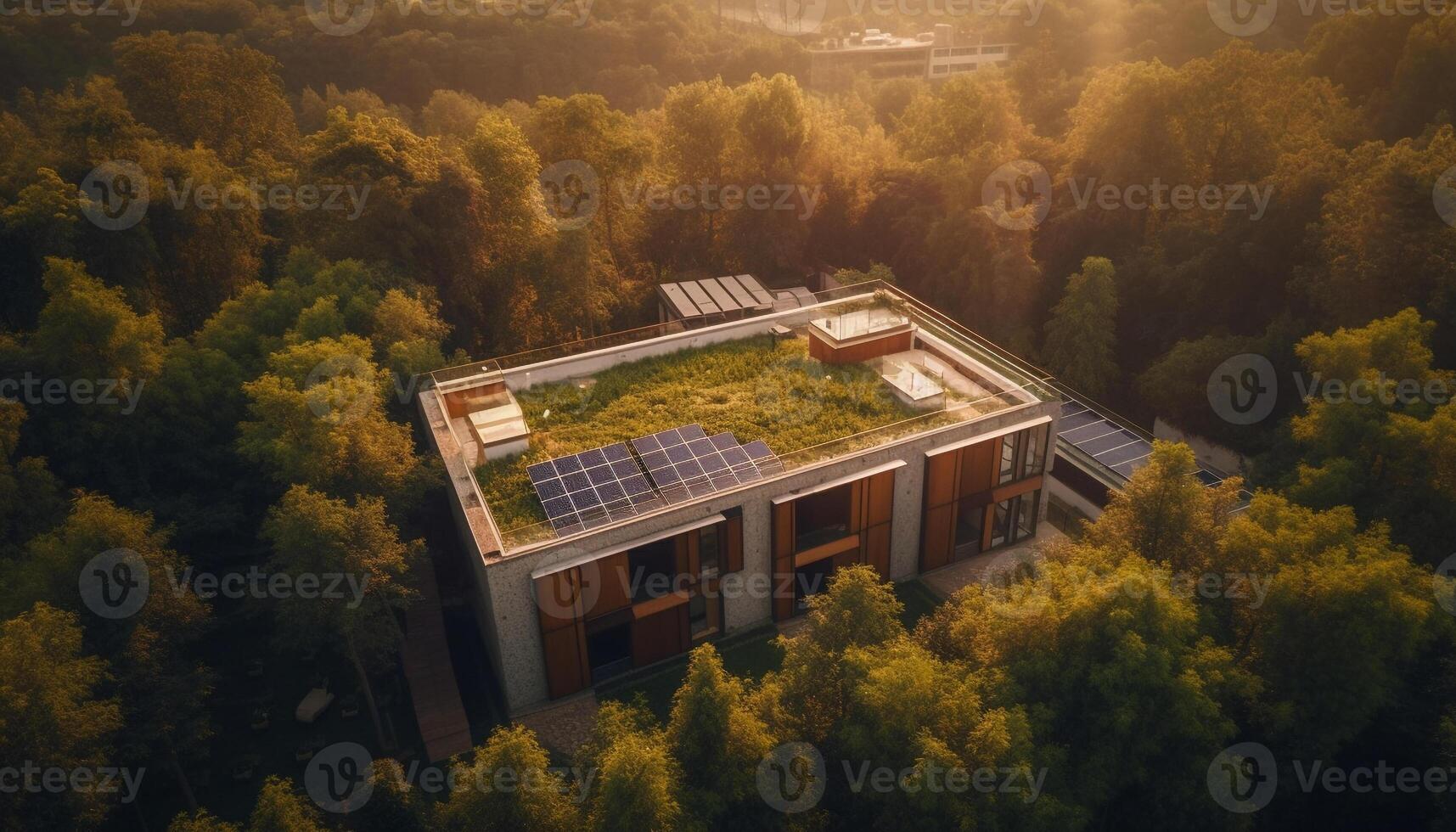 Modern building rises above tranquil forest meadow generated by AI photo