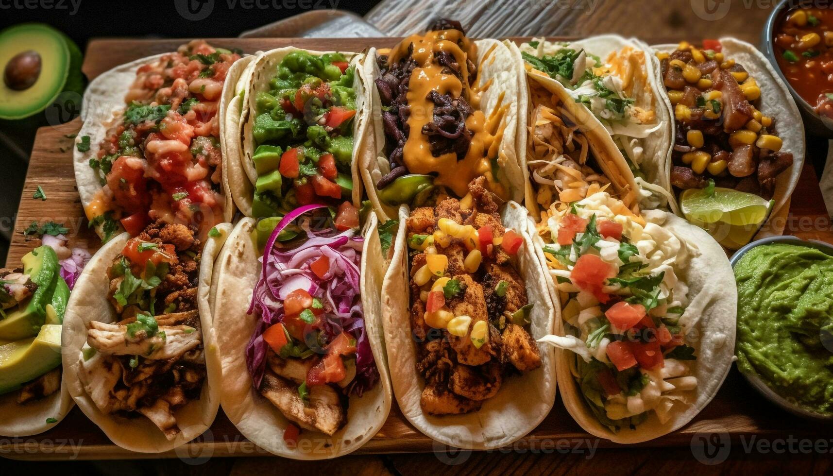 Grilled beef tacos with fresh guacamole and salsa generated by AI photo