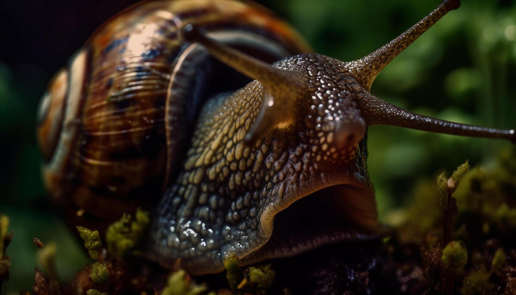 Slowly crawling, one slimy garden snail eats generated by AI photo