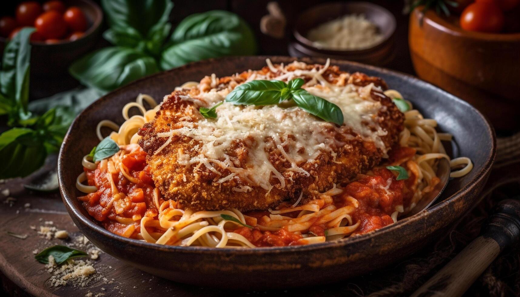 Freshly cooked homemade lasagna with Bolognese sauce generated by AI photo