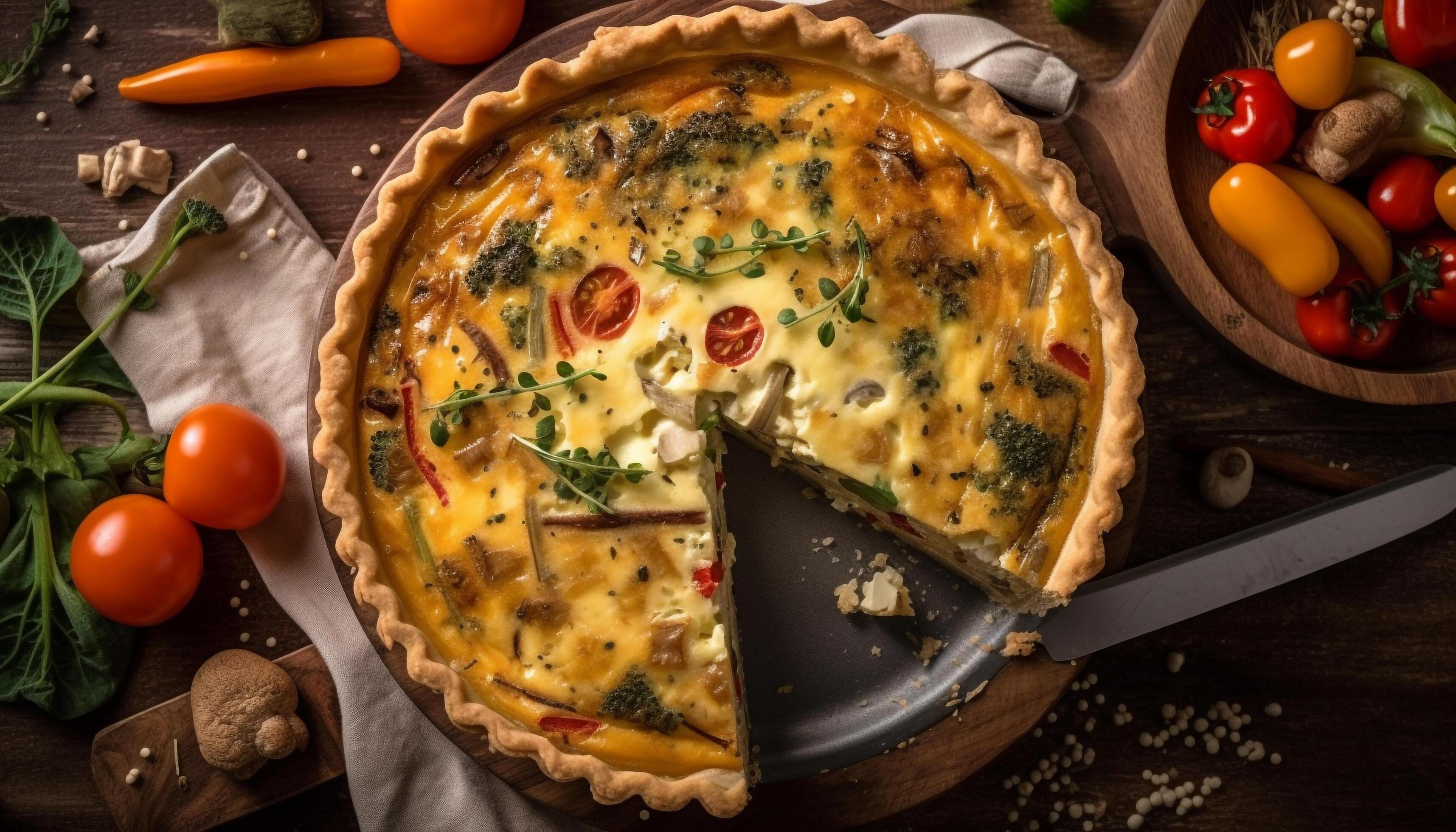 Rustic quiche baked with fresh vegetable slices generated by AI