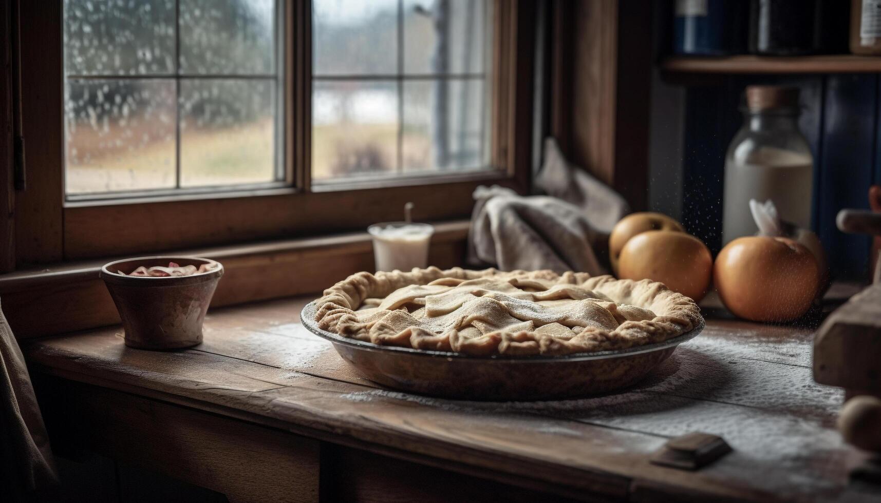 Freshly baked apple pie on rustic wooden table generated by AI photo