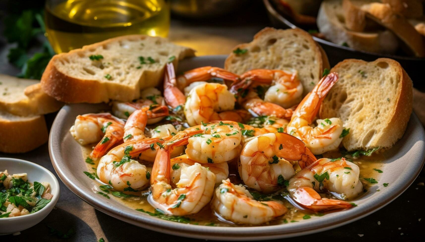 Grilled prawn scampi, fresh bread appetizer plate generated by AI photo