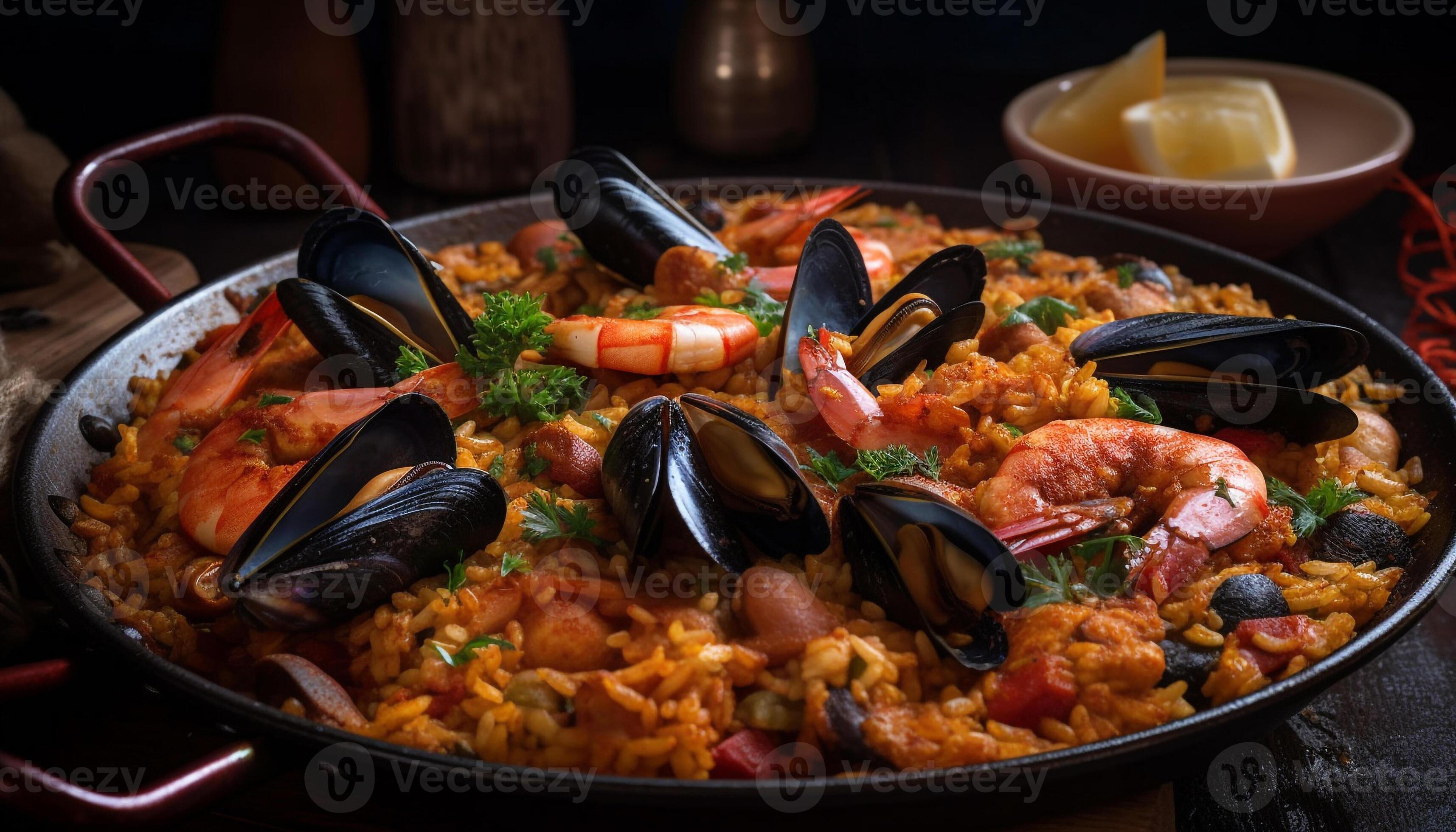 Spanish Paella, a Gourmet Seafood Meal Ready to Eat generated by AI