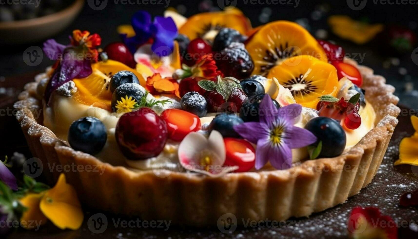 Fresh fruit tart with blueberries and raspberries generated by AI photo