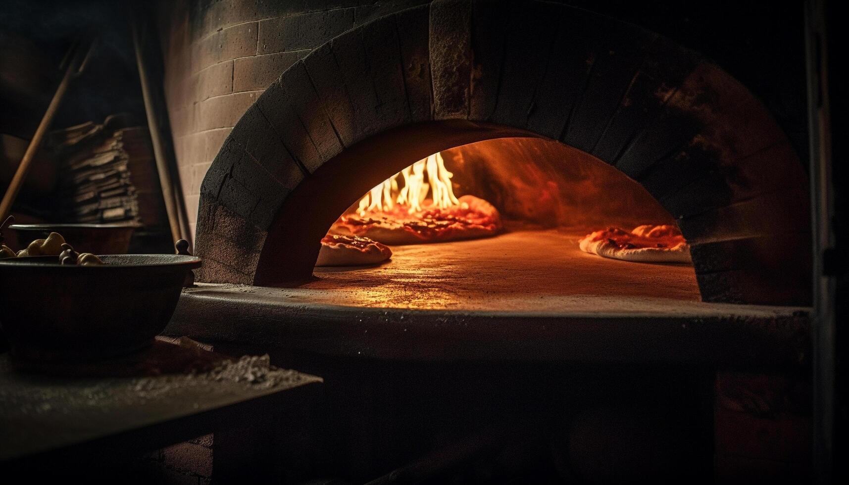 Fresh pizza baked in rustic brick oven generated by AI photo