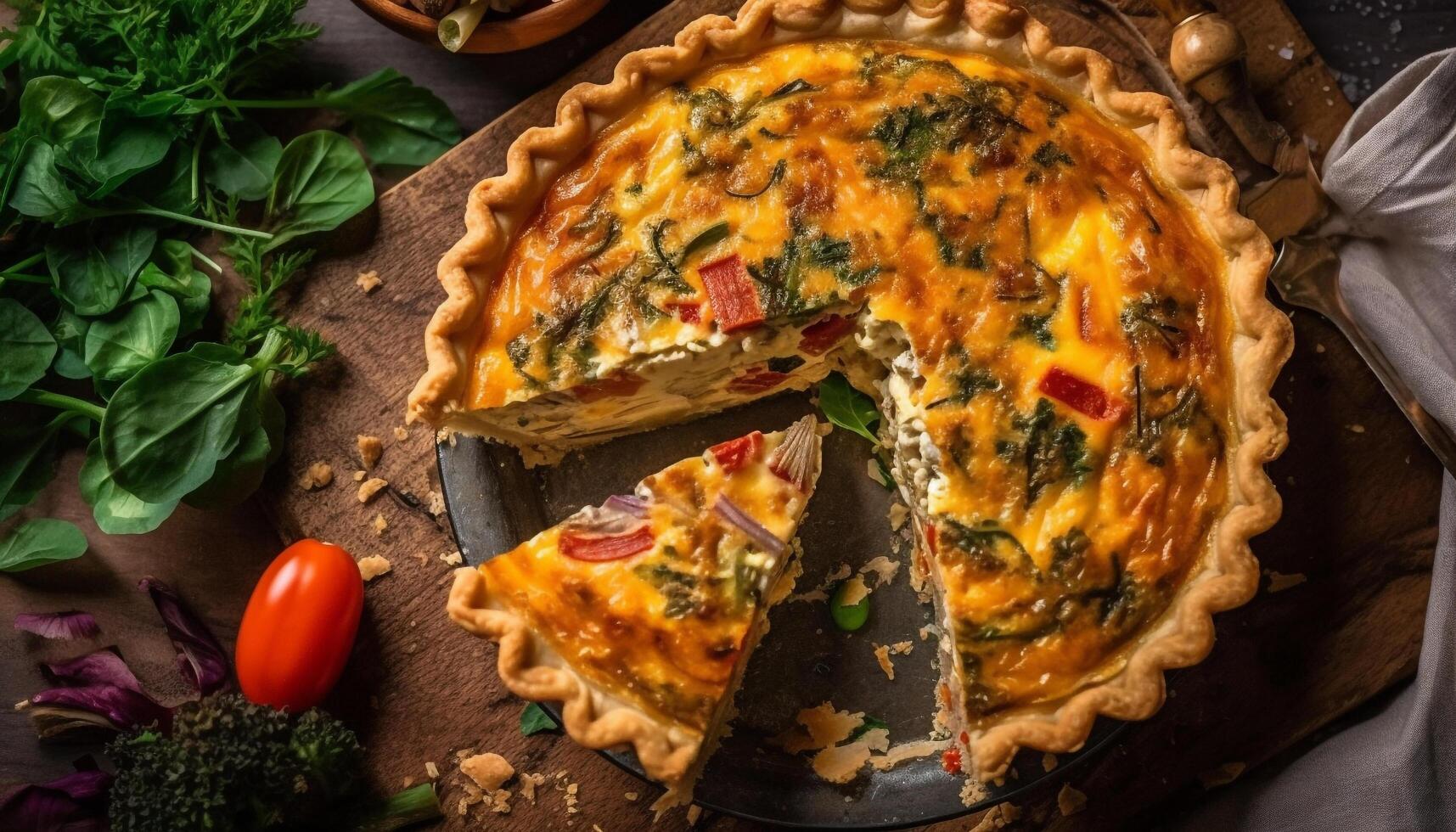 Freshly baked vegetable quiche, ready to eat slice generated by AI photo