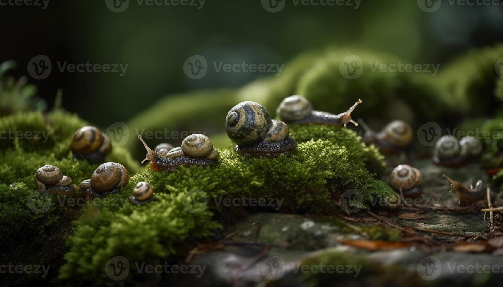 Slow garden snail crawling on wet leaf generated by AI photo